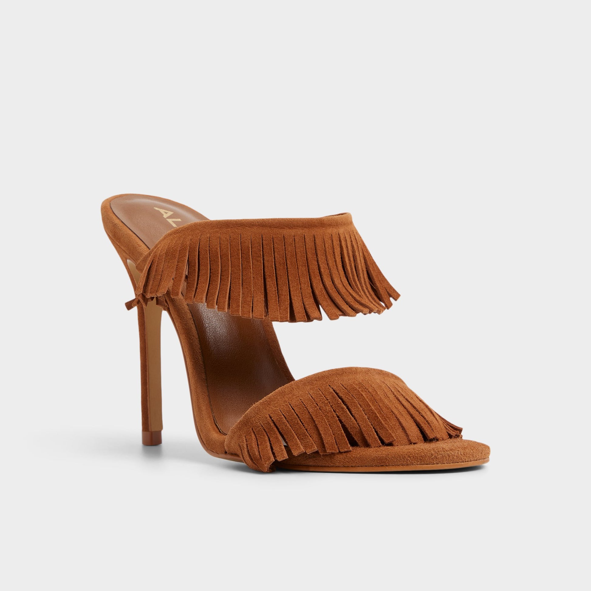 Three-quarter angle of Medium Brown Nahanie Heeled mule's front side