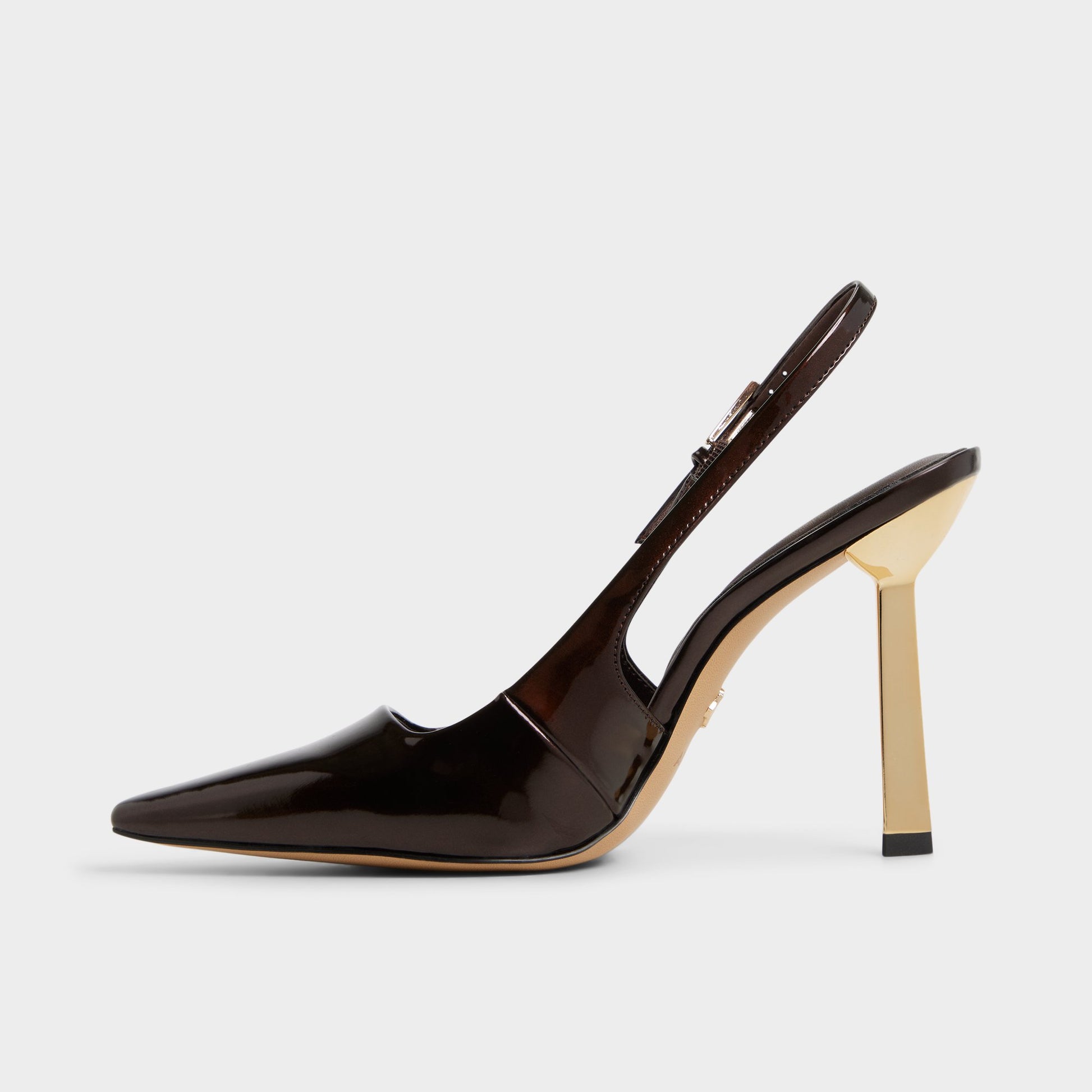 Side view of Dark Brown Marysa Slingback heel