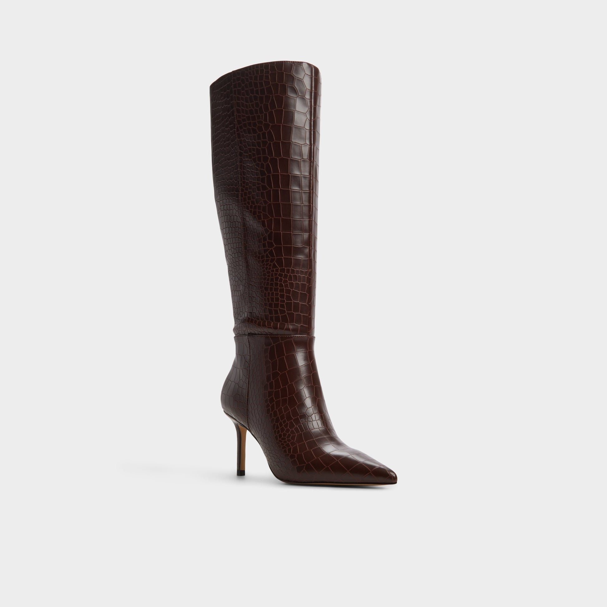 Three-quarter angle of Dark Brown Saphiria Knee-high boot's front side