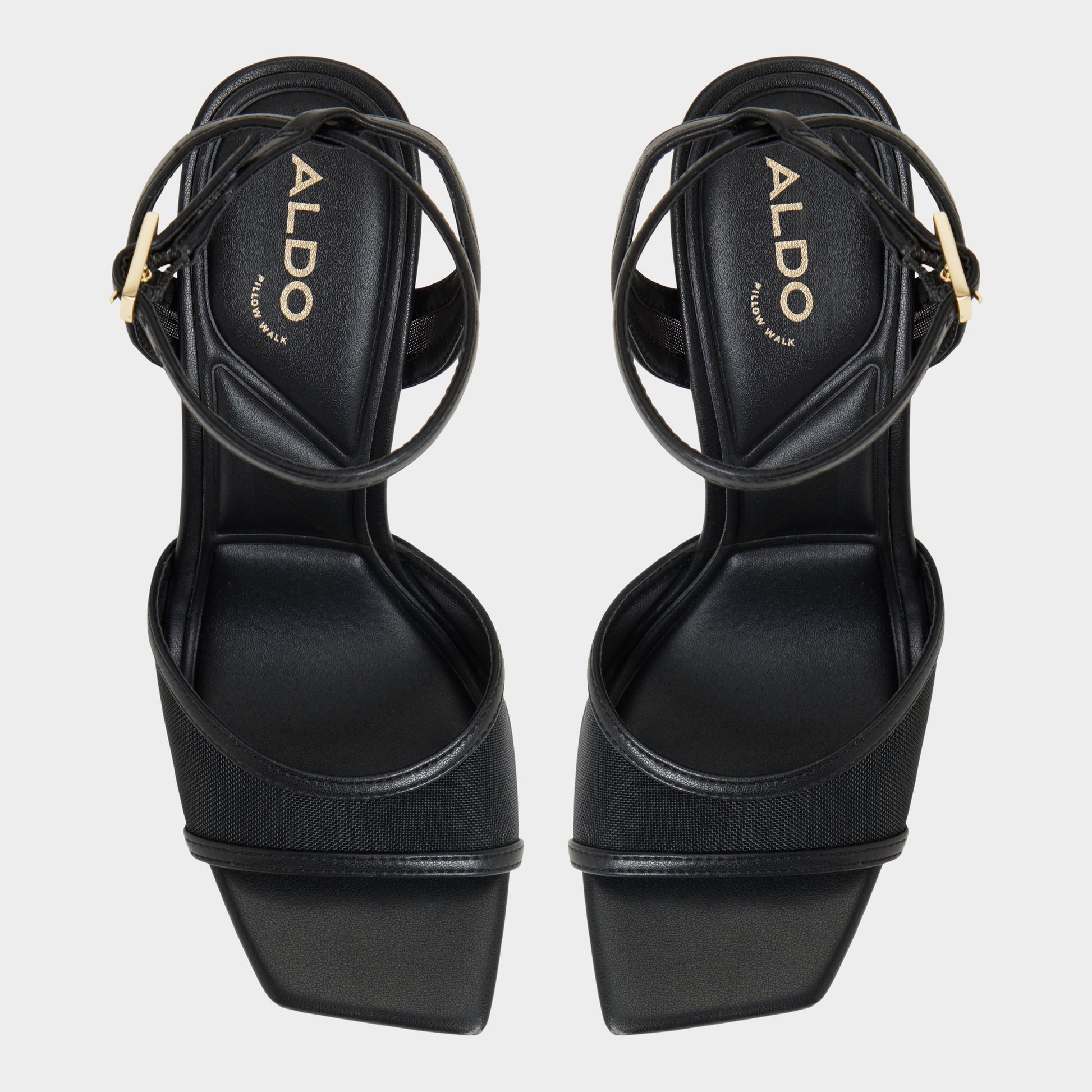 Top-down view of the Black Sharra Strappy heeled sandal