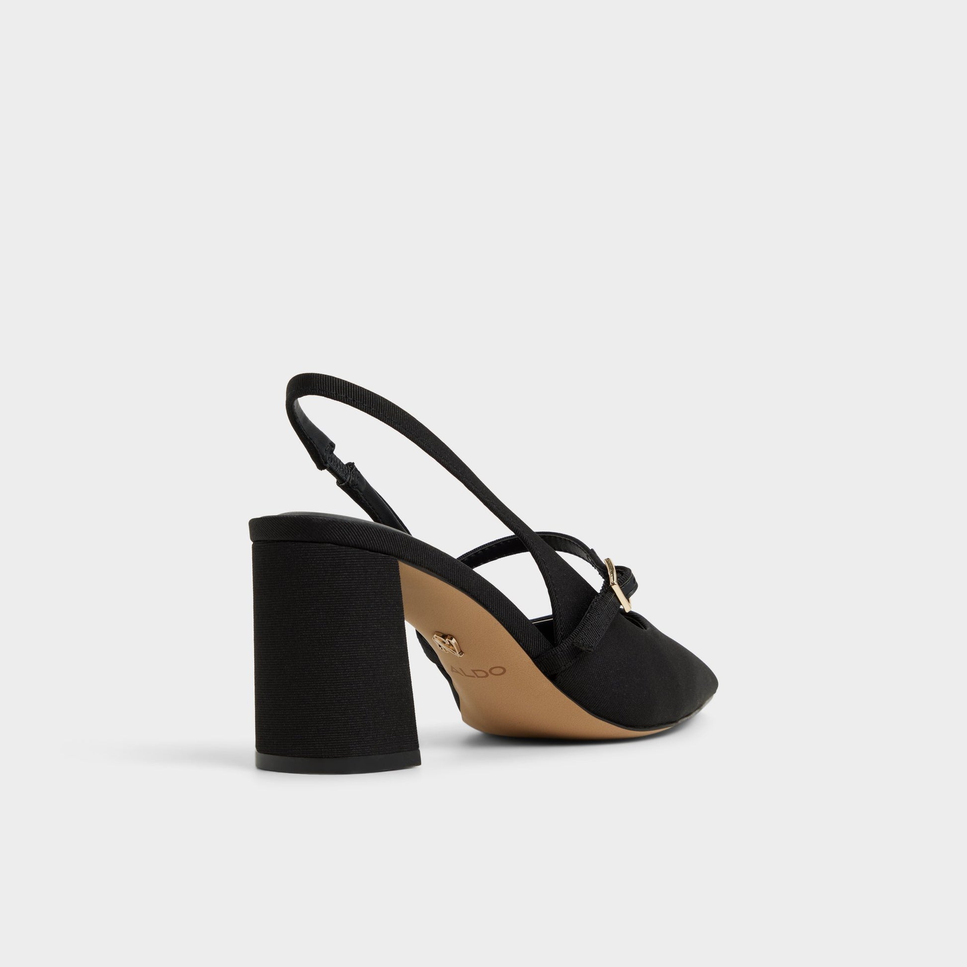 Three-quarter angle of Black Vestian Slingback heel's back side