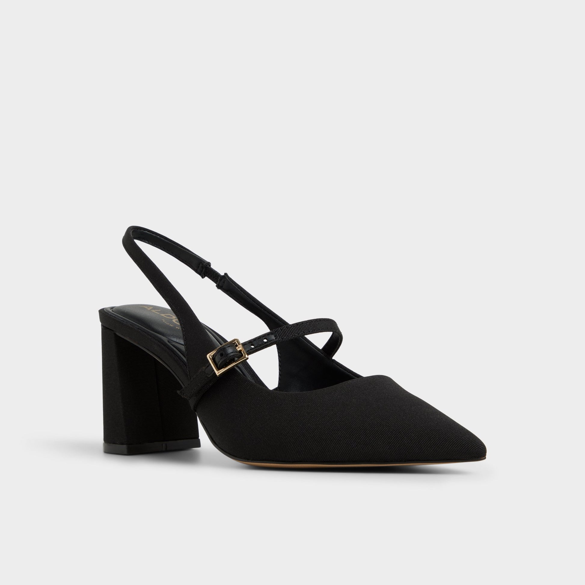 Three-quarter angle of Black Vestian Slingback heel's front side