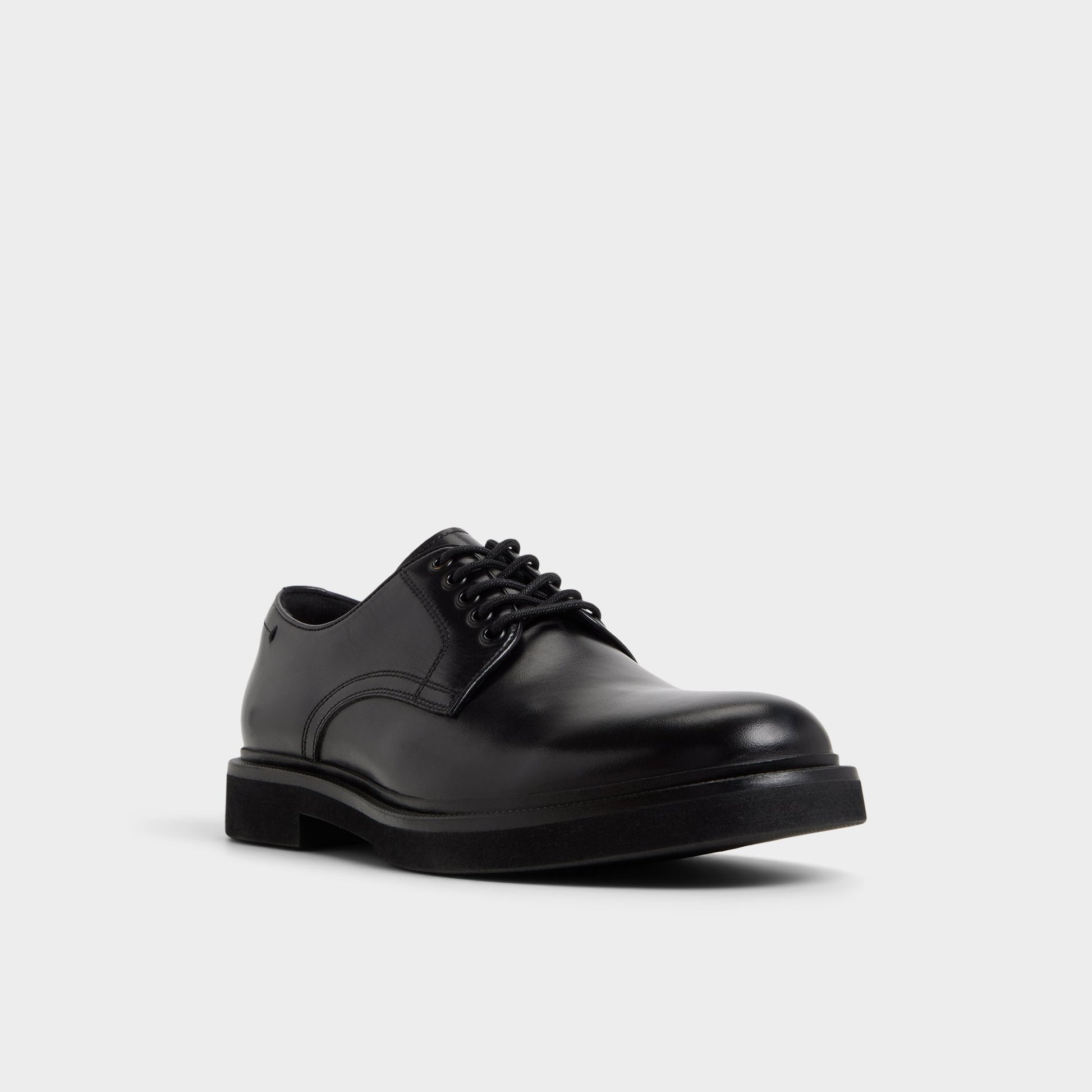 Three-quarter angle of Black Geoff Derby shoe's front side