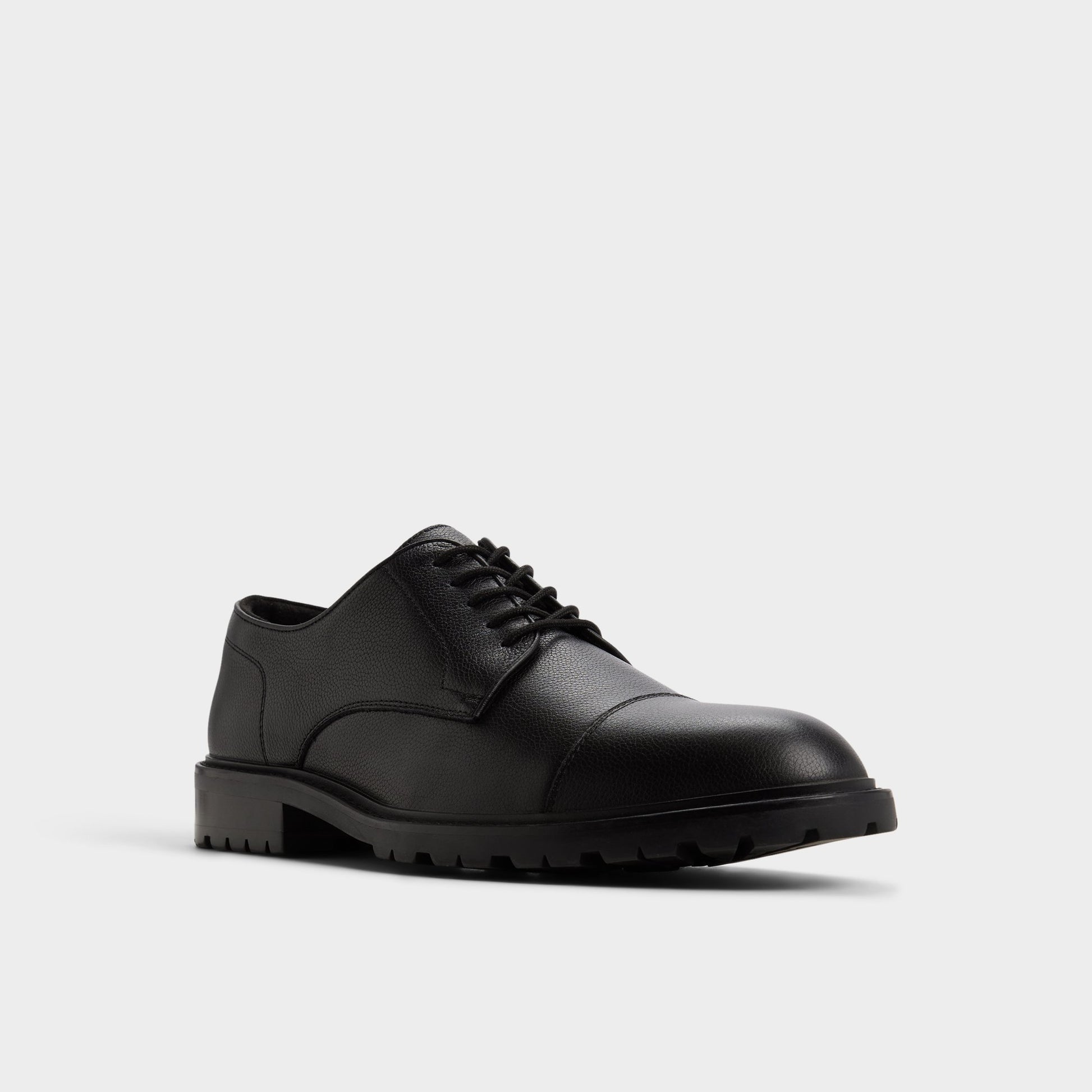 Three-quarter angle of Black Ferruci Derby shoe's front side
