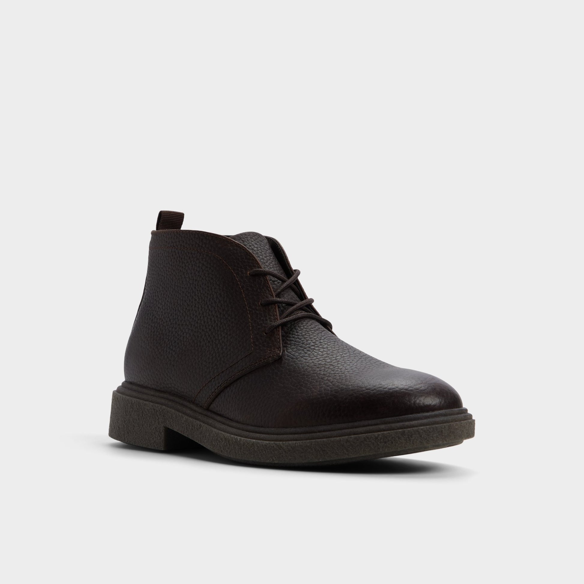 Three-quarter angle of Dark brown Torro Chukka boot's front side