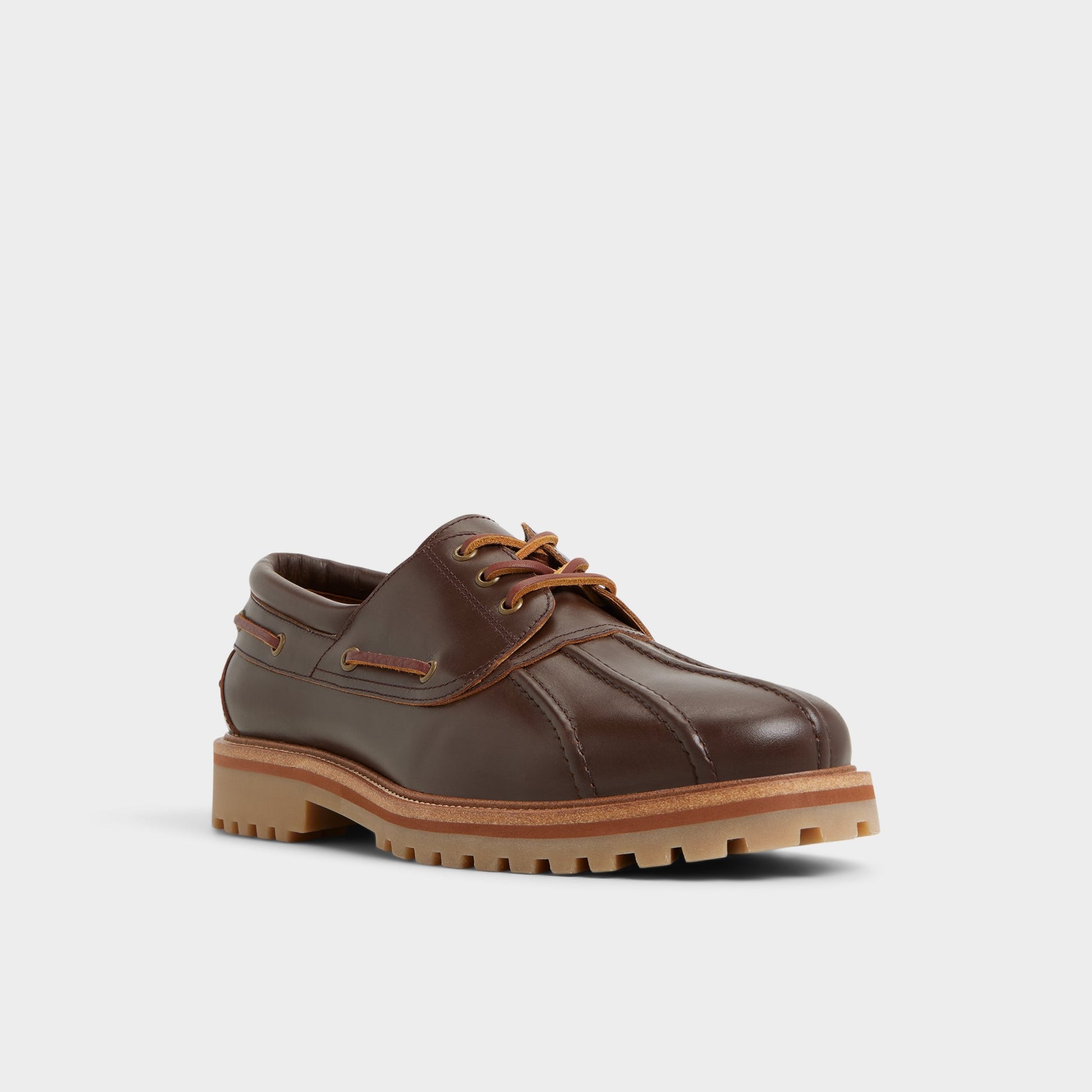 Three-quarter angle of Medium Brown Finn Boat shoe's front side