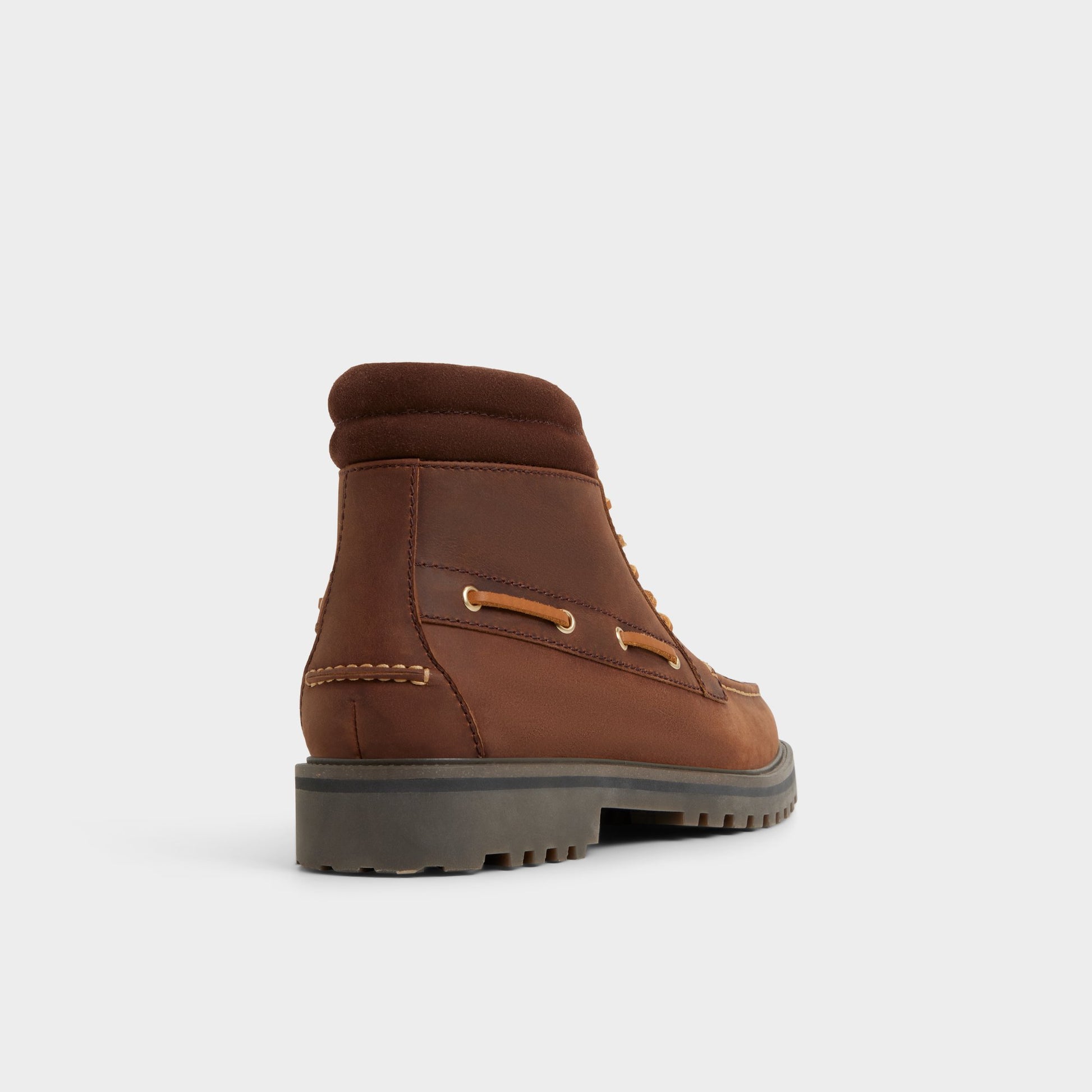Three-quarter angle of Medium Brown Farrell Combat boot's back side