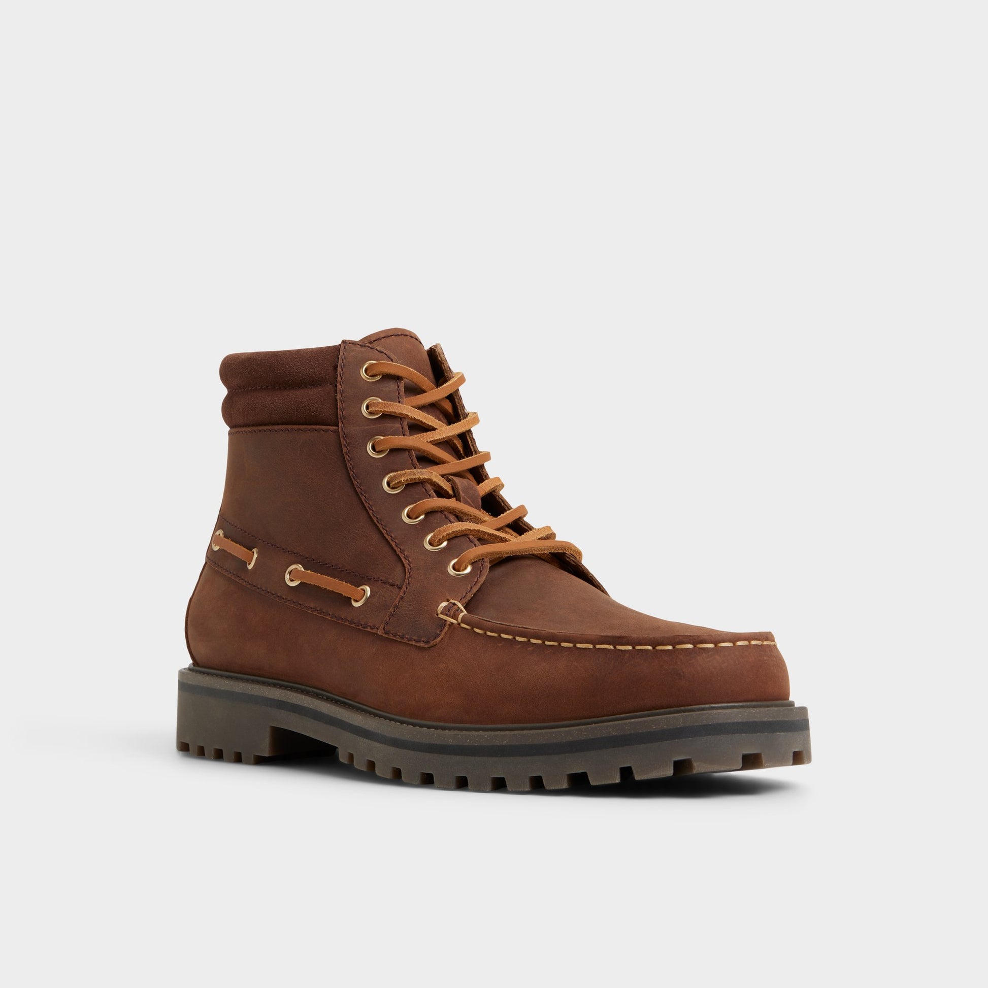 Three-quarter angle of Medium Brown Farrell Combat boot's front side
