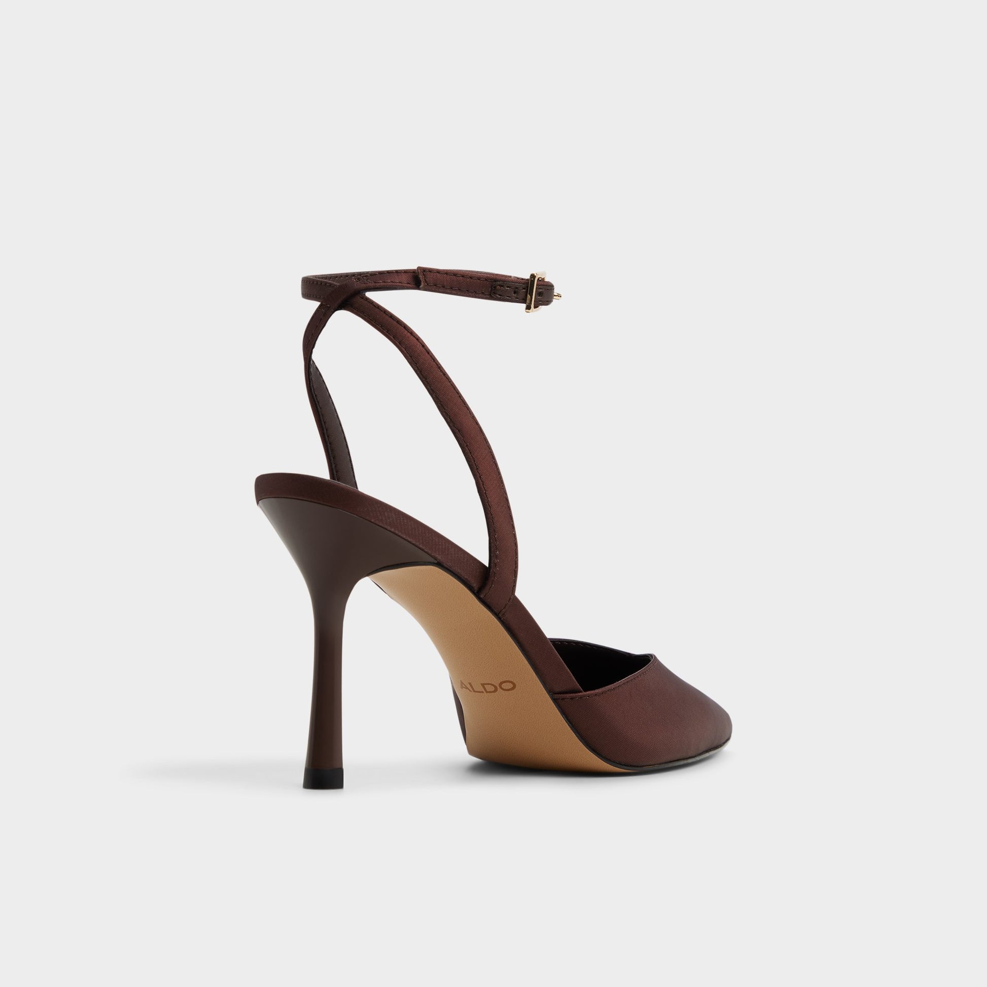 Three-quarter angle of Dark Brown Carolling Strappy heeled shoe's back side