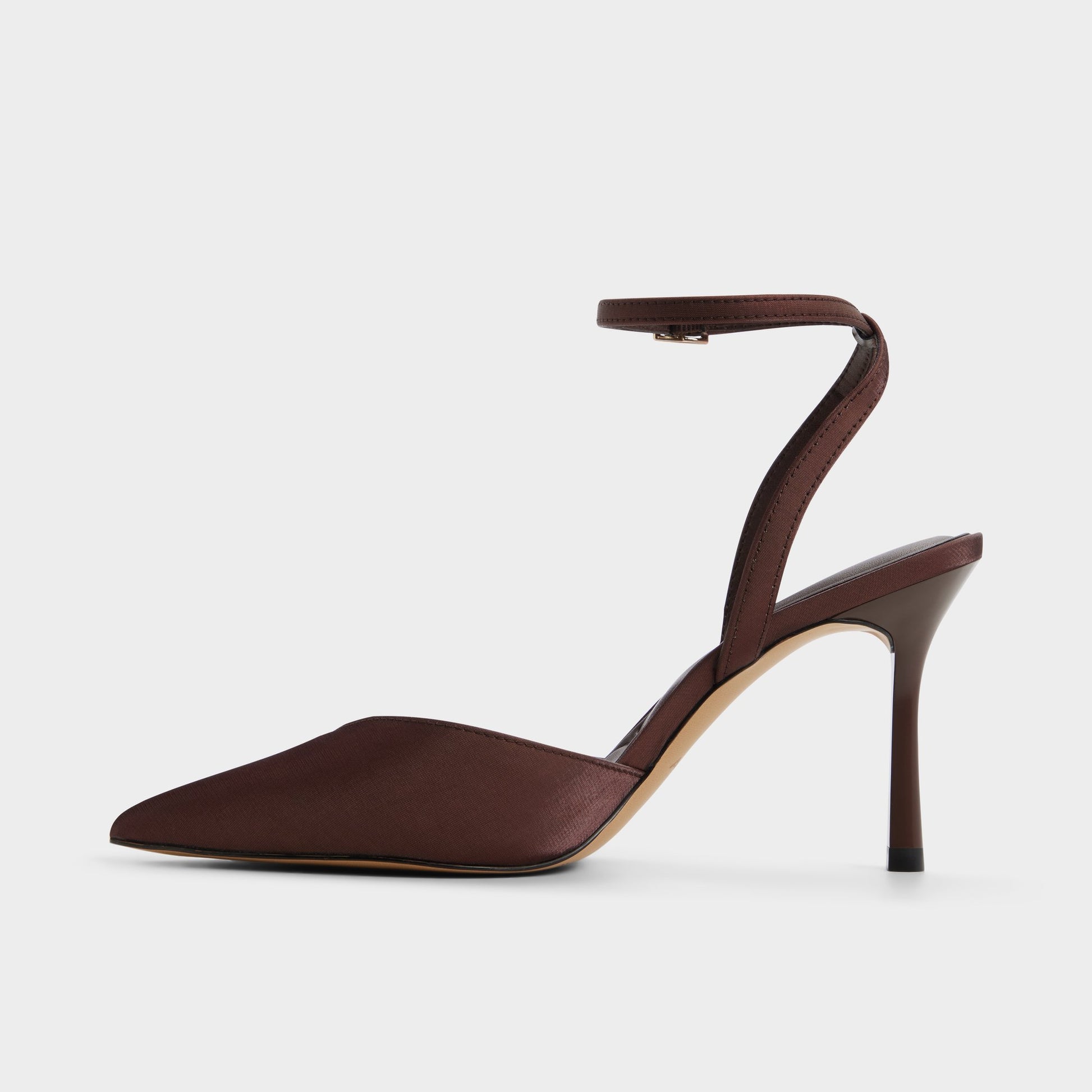 Side view of Dark Brown Carolling Strappy heeled shoe