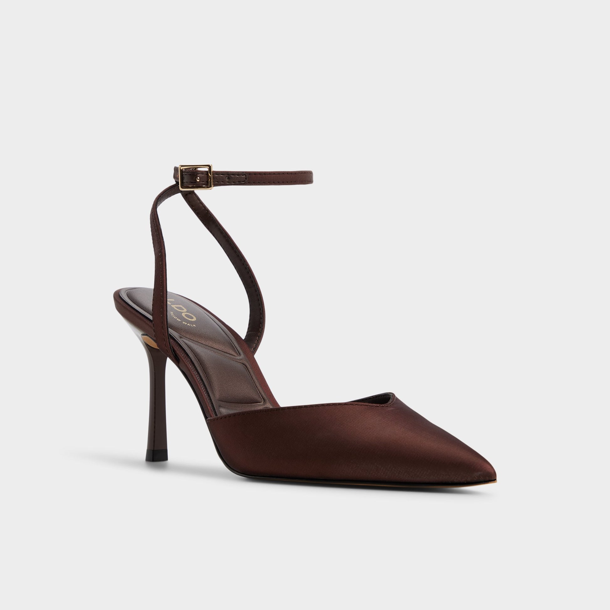 Three-quarter angle of Dark Brown Carolling Strappy heeled shoe's front side