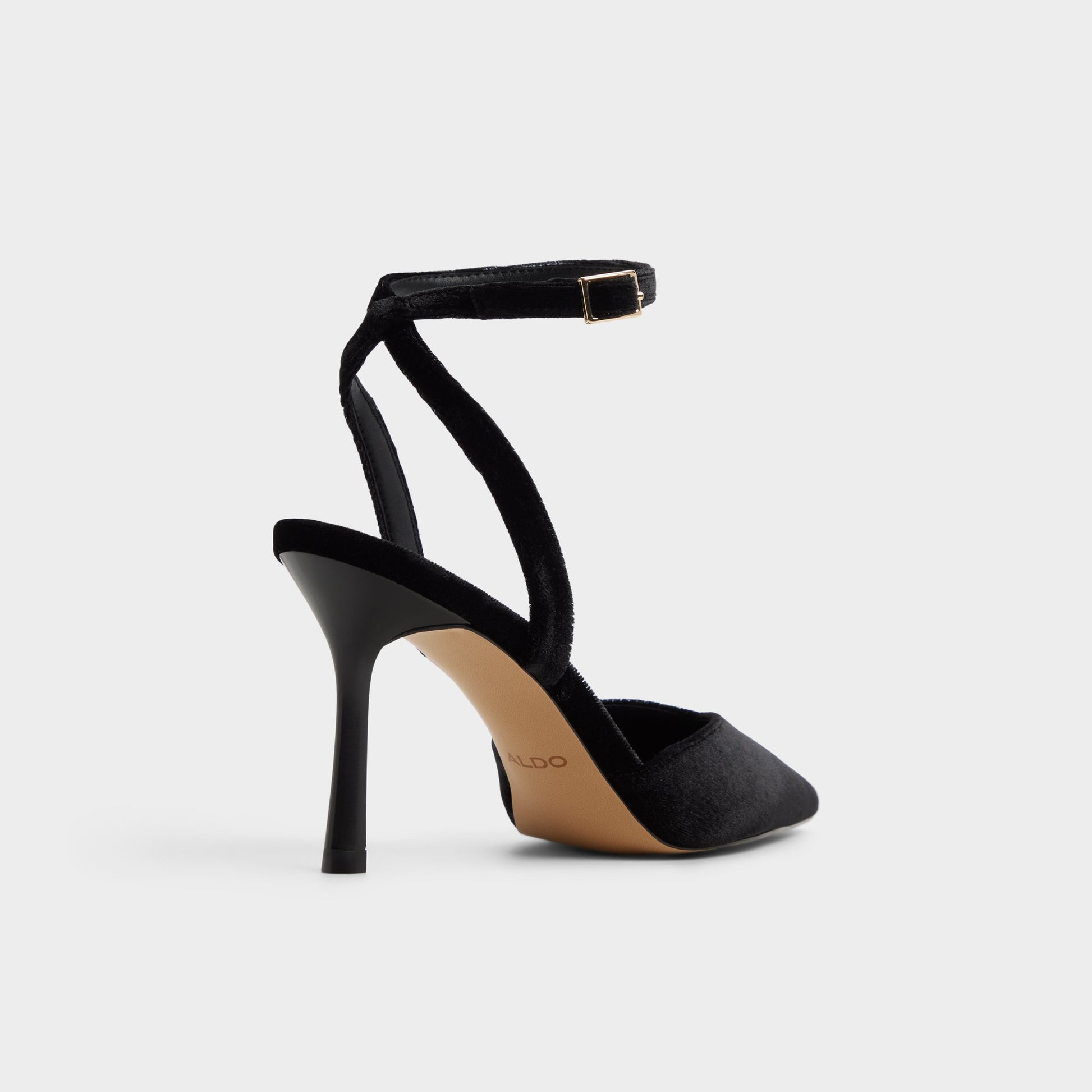 Three-quarter angle of Black Carolling Strappy heeled shoe's back side