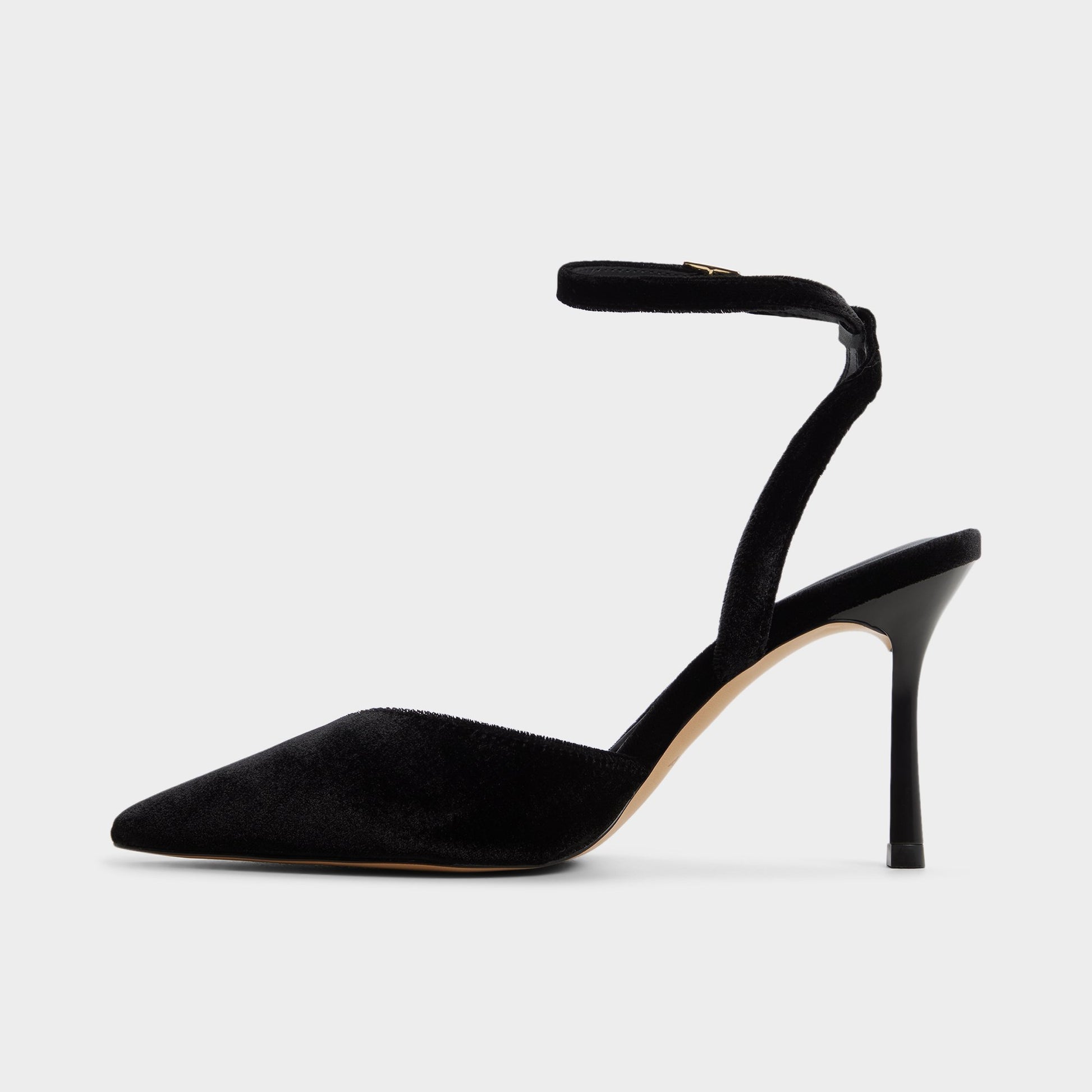 Side view of Black Carolling Strappy heeled shoe