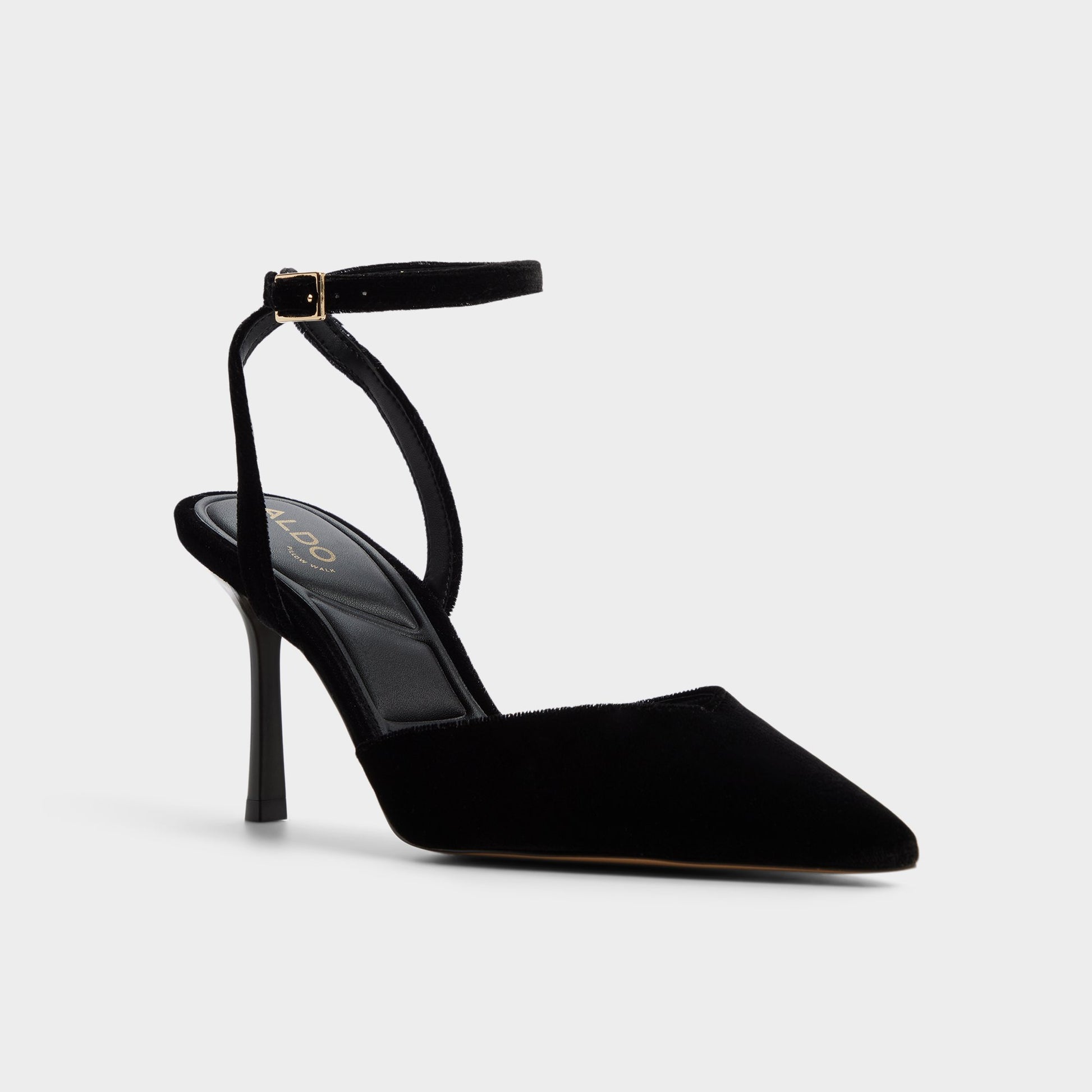 Three-quarter angle of Black Carolling Strappy heeled shoe's front side