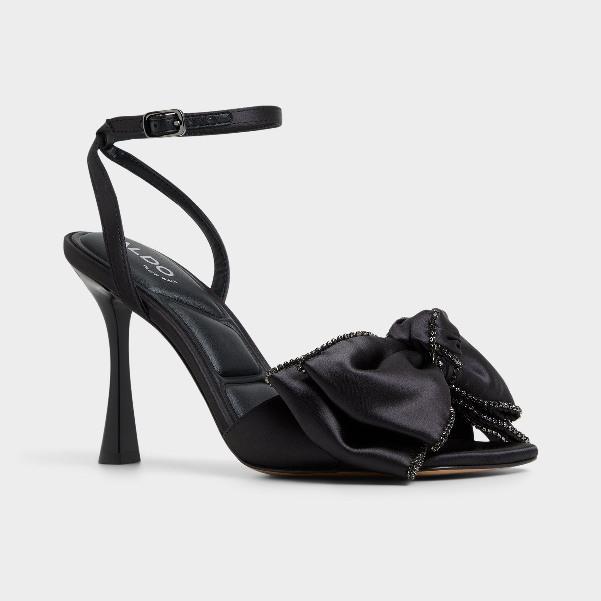 Three-quarter angle of Black Tinsel Strappy heeled sandal's front side