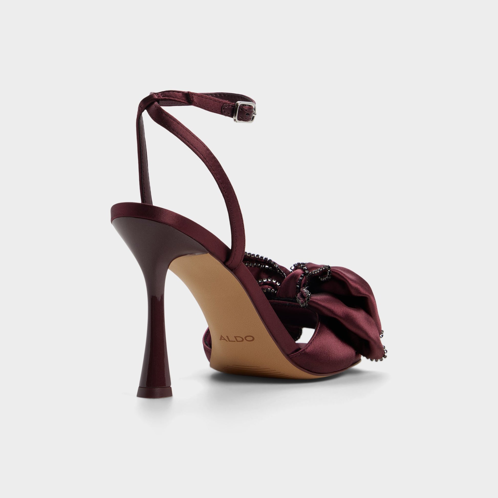 Three-quarter angle of Bordo Tinsel Strappy heeled sandal's back side