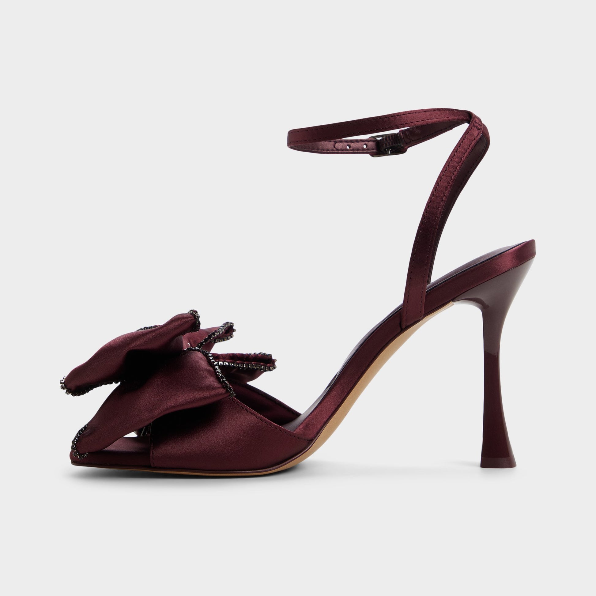 Side view of Bordo Tinsel Strappy heeled sandal