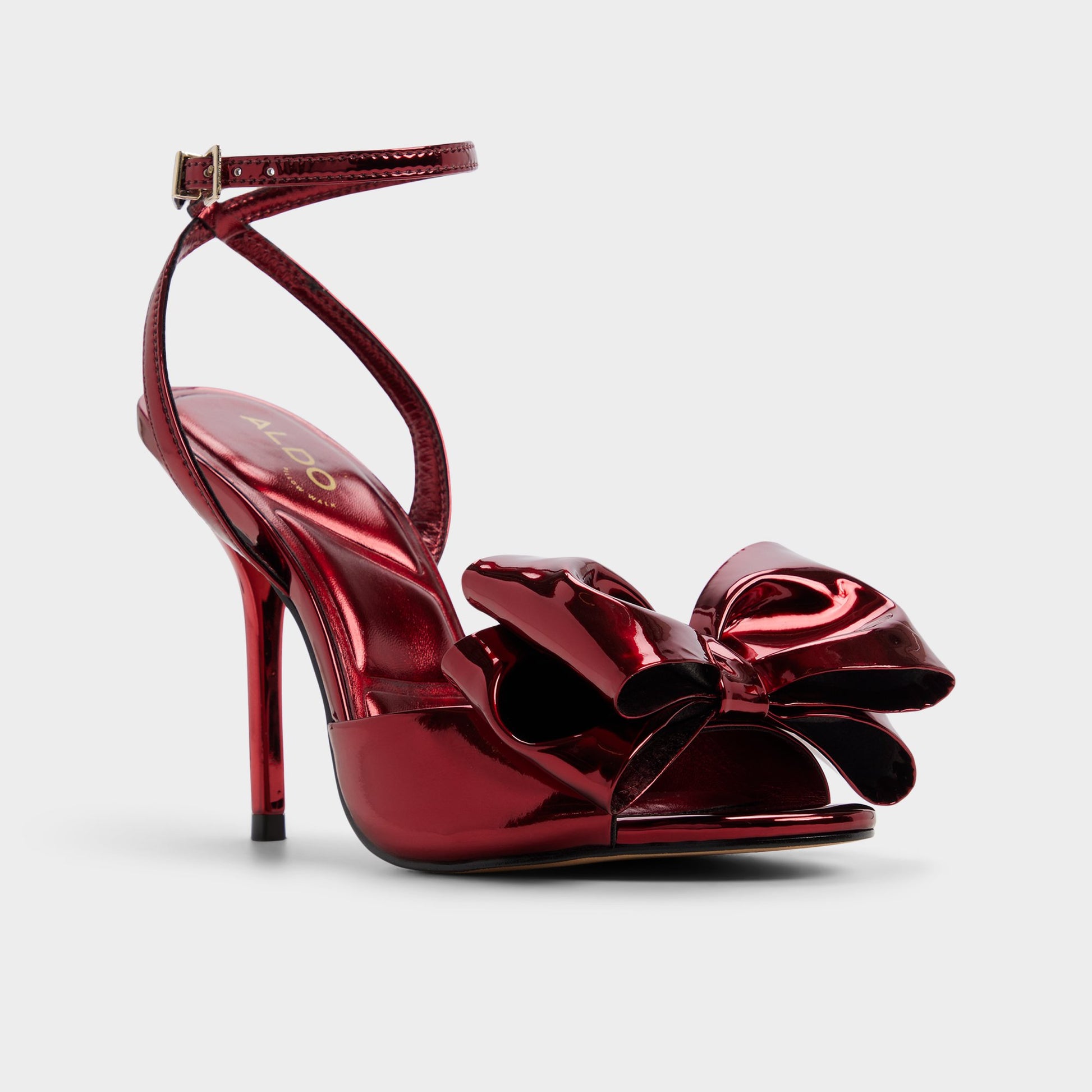 Three-quarter angle of Medium Red Tinsletta Heeled sandal's front side