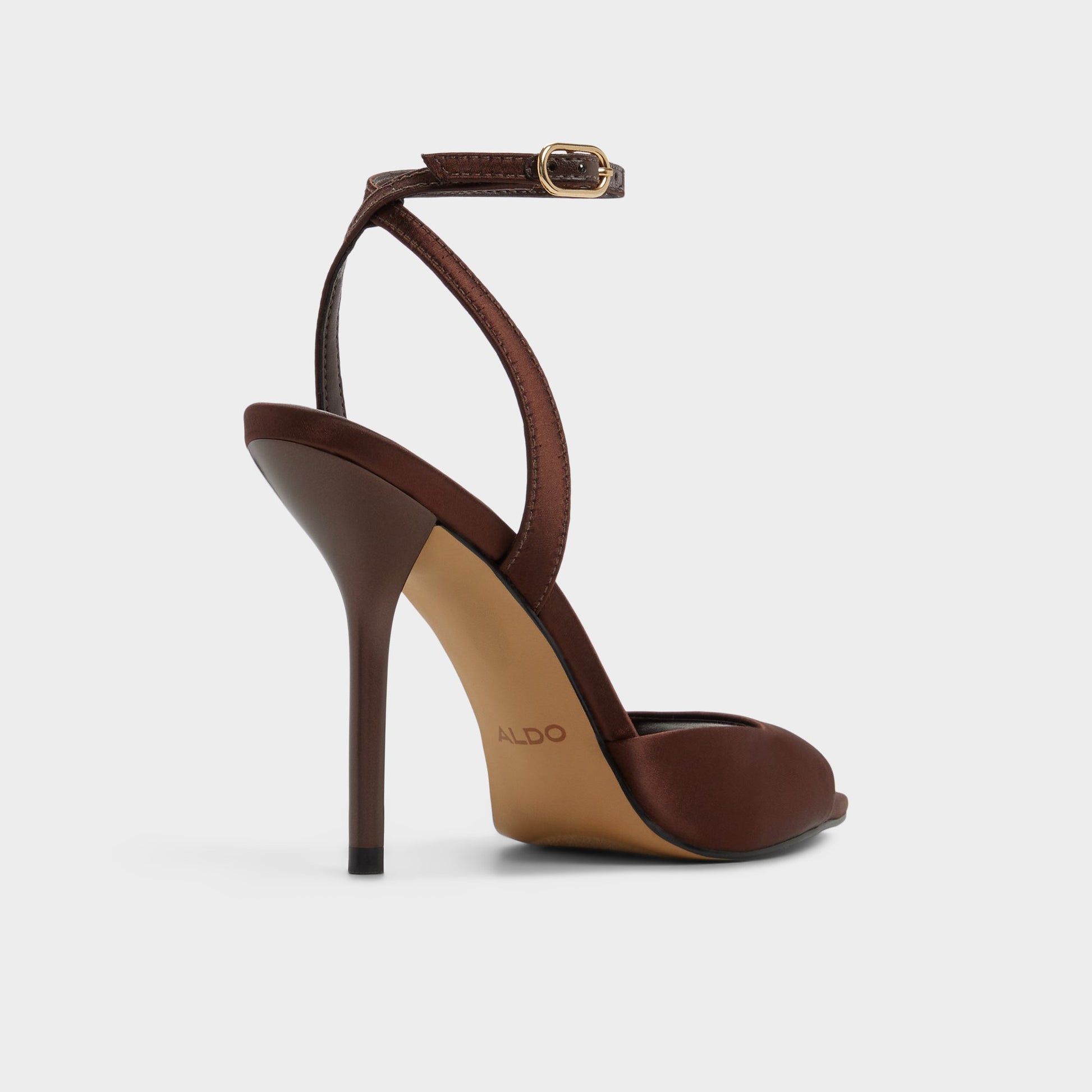 Three-quarter angle of Dark Brown Forevermore Strappy heeled sandal's back side