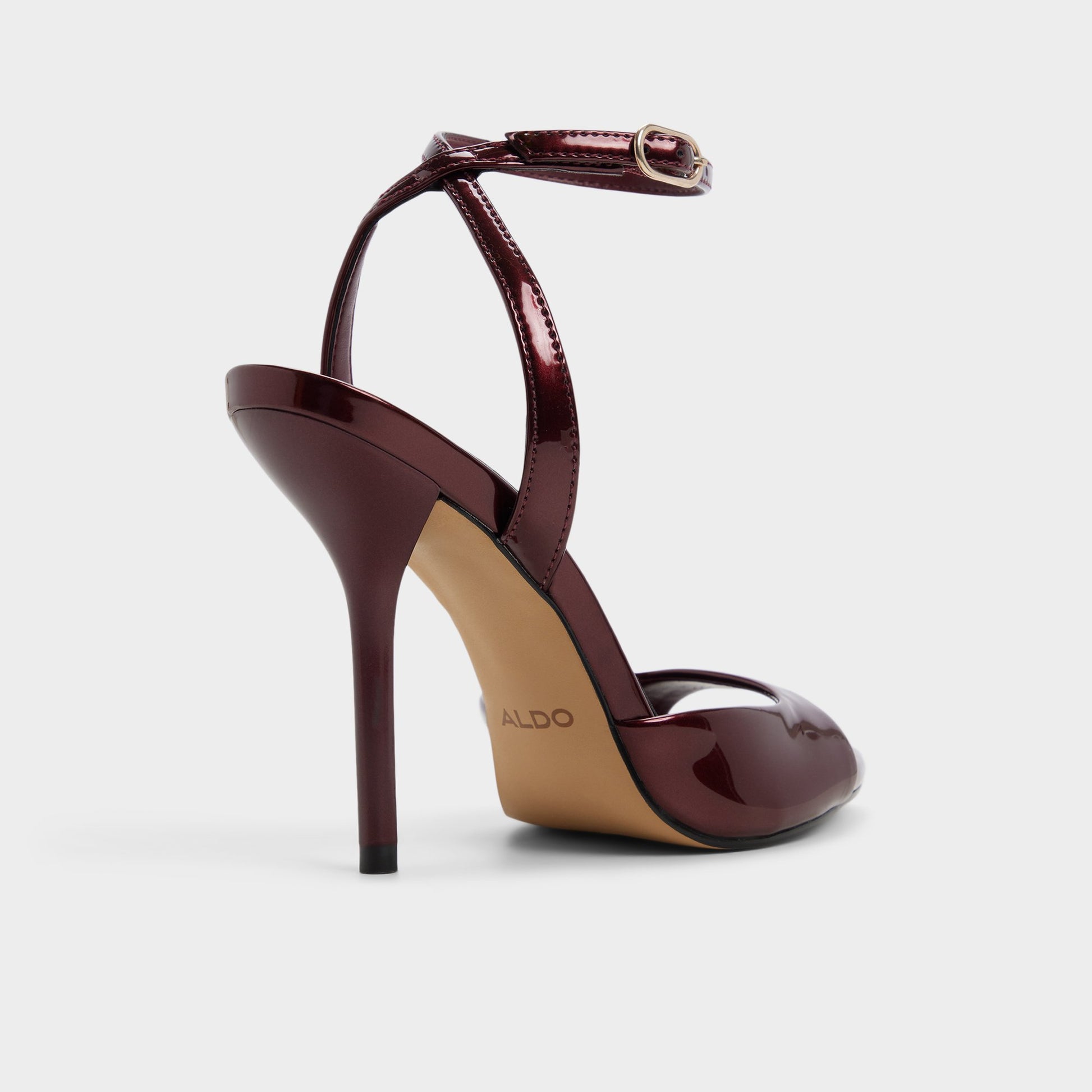 Three-quarter angle of Medium red Forevermore Strappy heeled sandal's back side