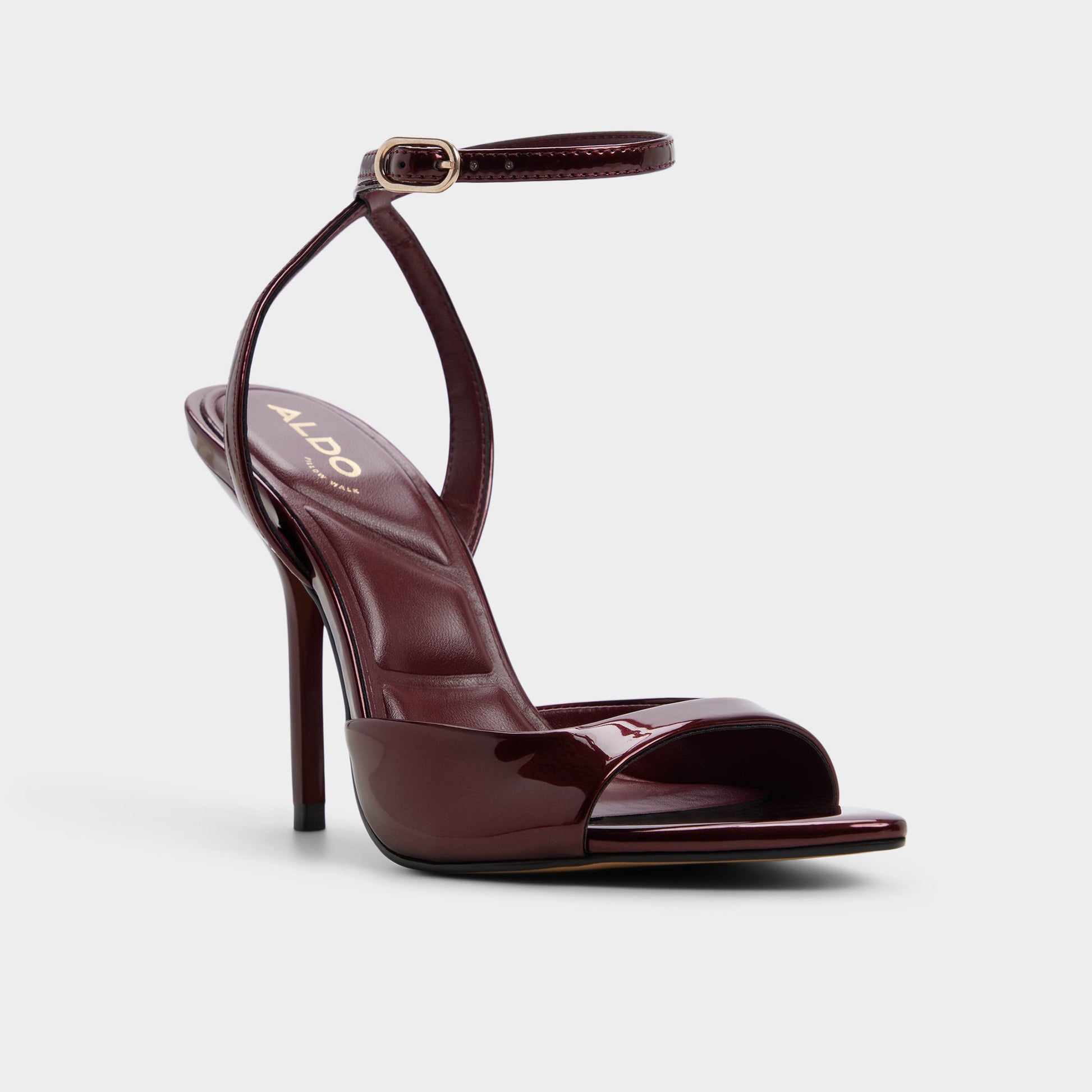 Three-quarter angle of Medium red Forevermore Strappy heeled sandal's front side