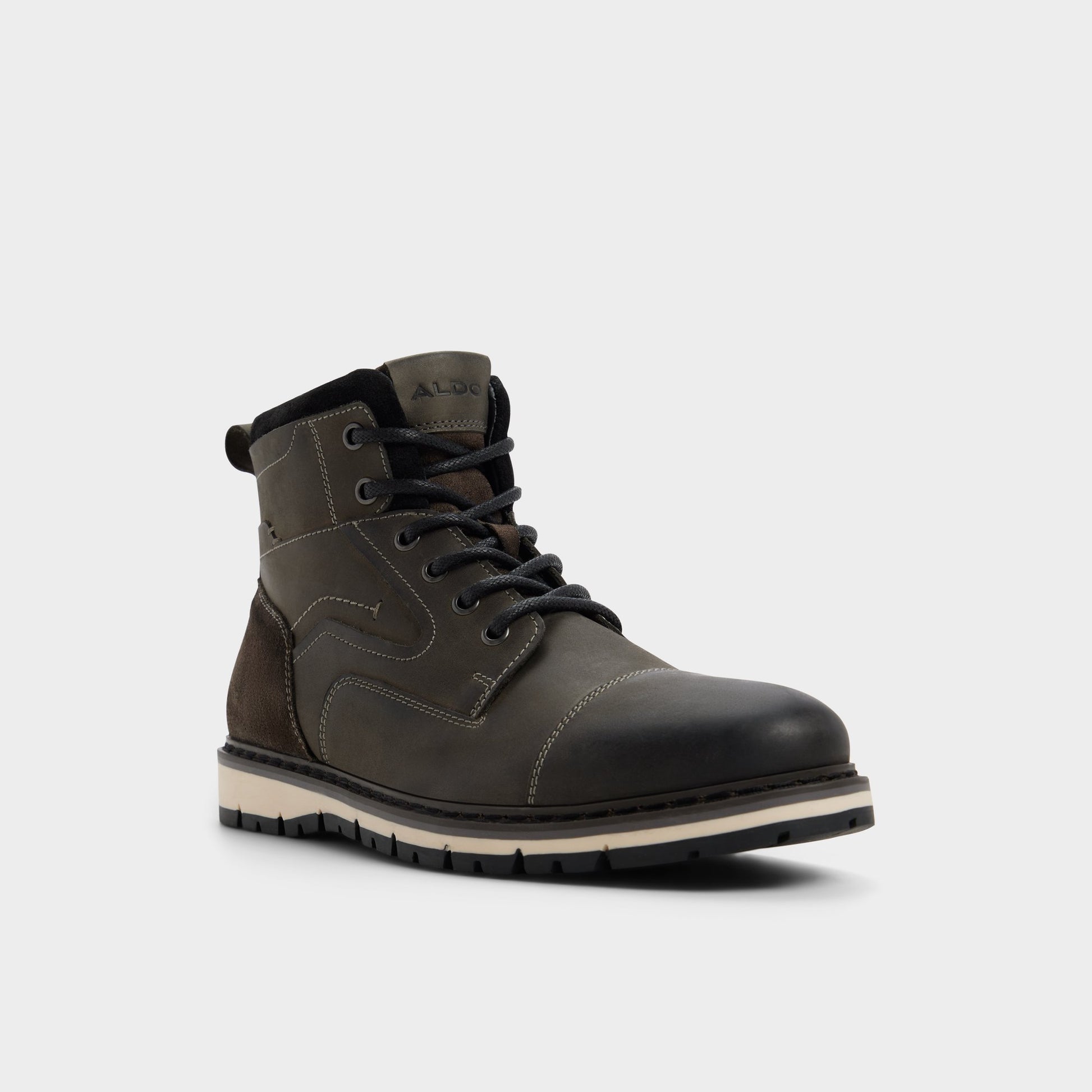Three-quarter angle of Dark grey Armie Lace-up boot's front side