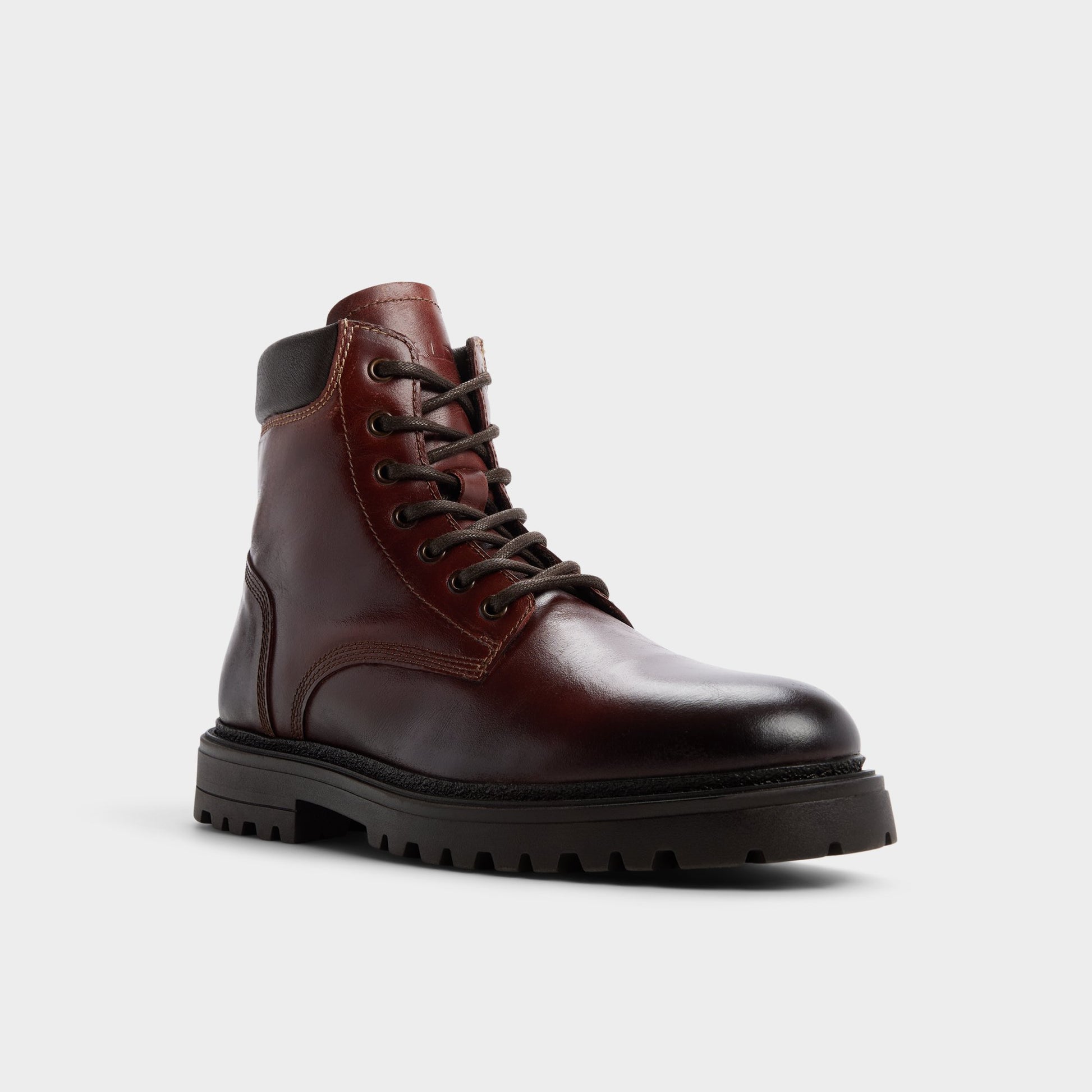 Three-quarter angle of Medium brown Draco Combat boot's front side