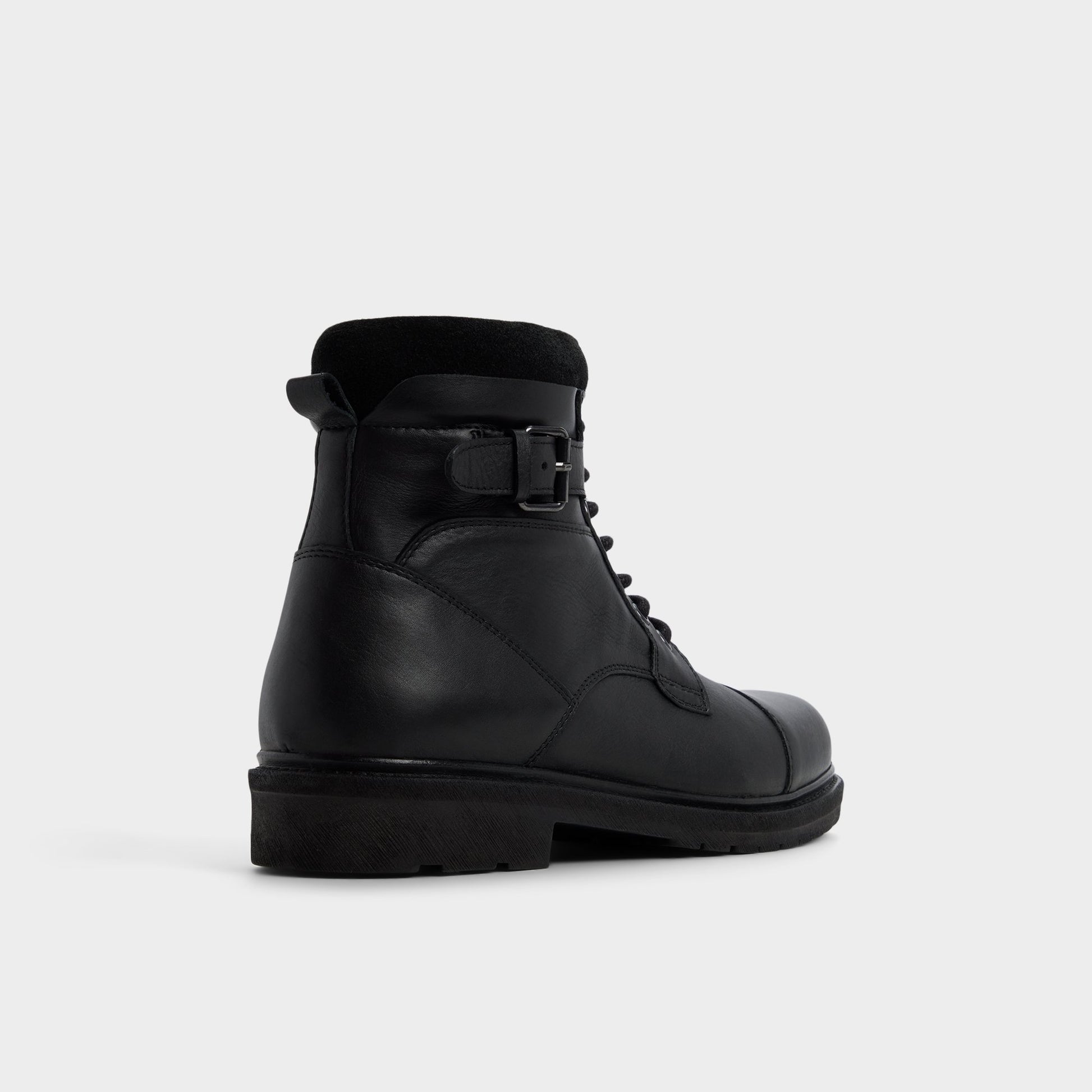 Three-quarter angle of Black Quaid Lace-up boot's back side