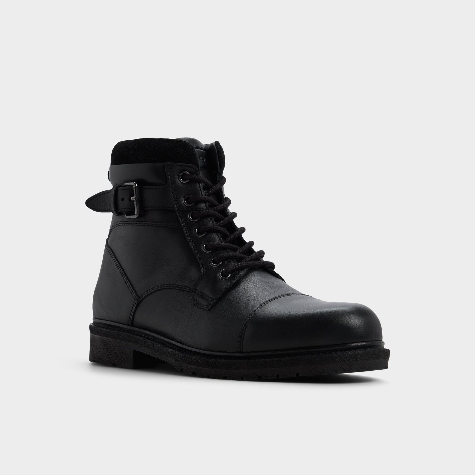 Three-quarter angle of Black Quaid Lace-up boot's front side