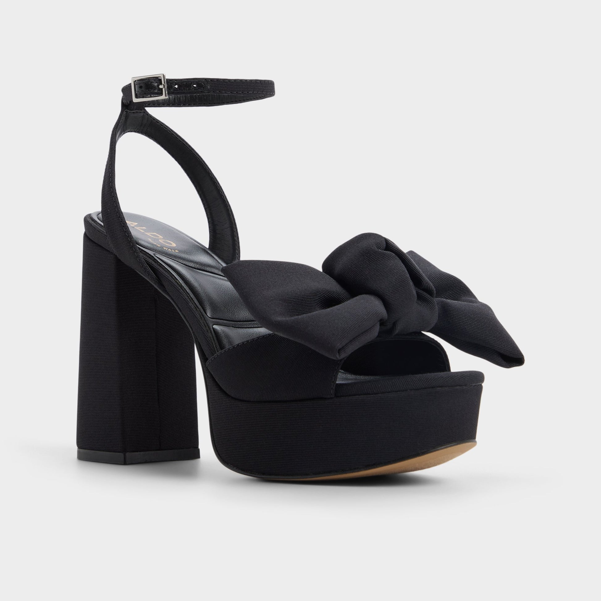 Three-quarter angle of Black Luscious Heeled sandal's front side
