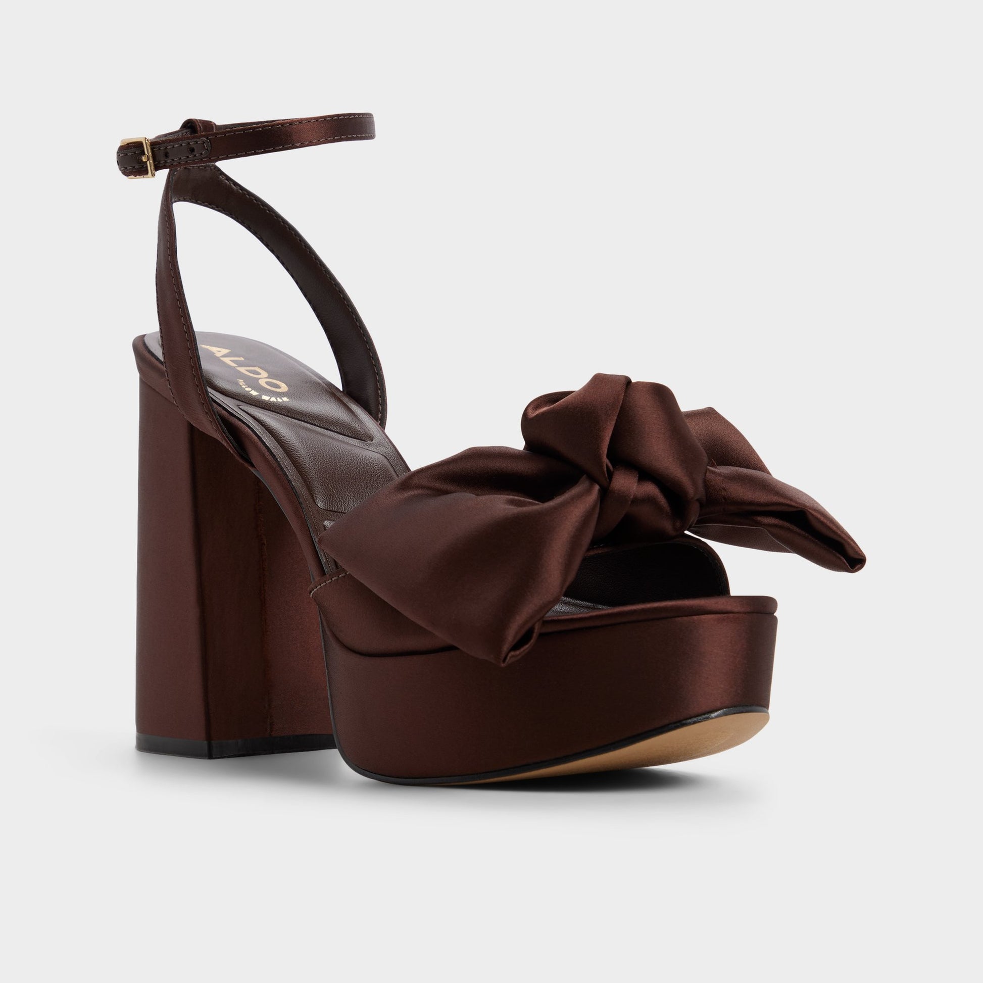 Three-quarter angle of Dark Brown Luscious Strappy heeled sandal's front side