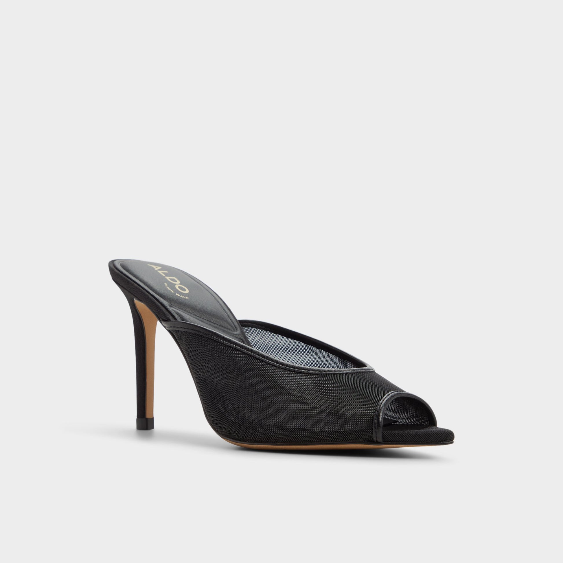 Three-quarter angle of Black Elennah Heeled mule's front side