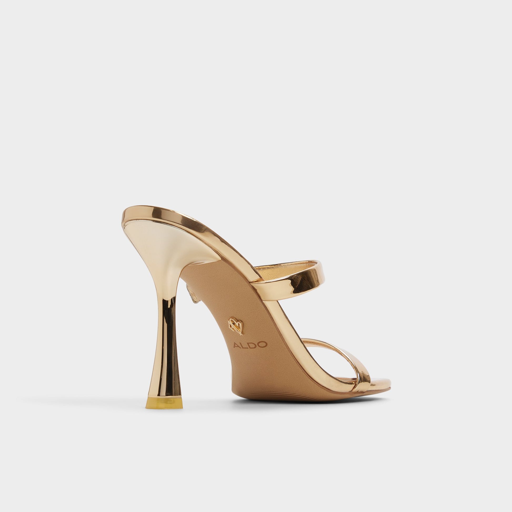 Three-quarter angle of Gold Evalyn Strappy heeled sandal's back side