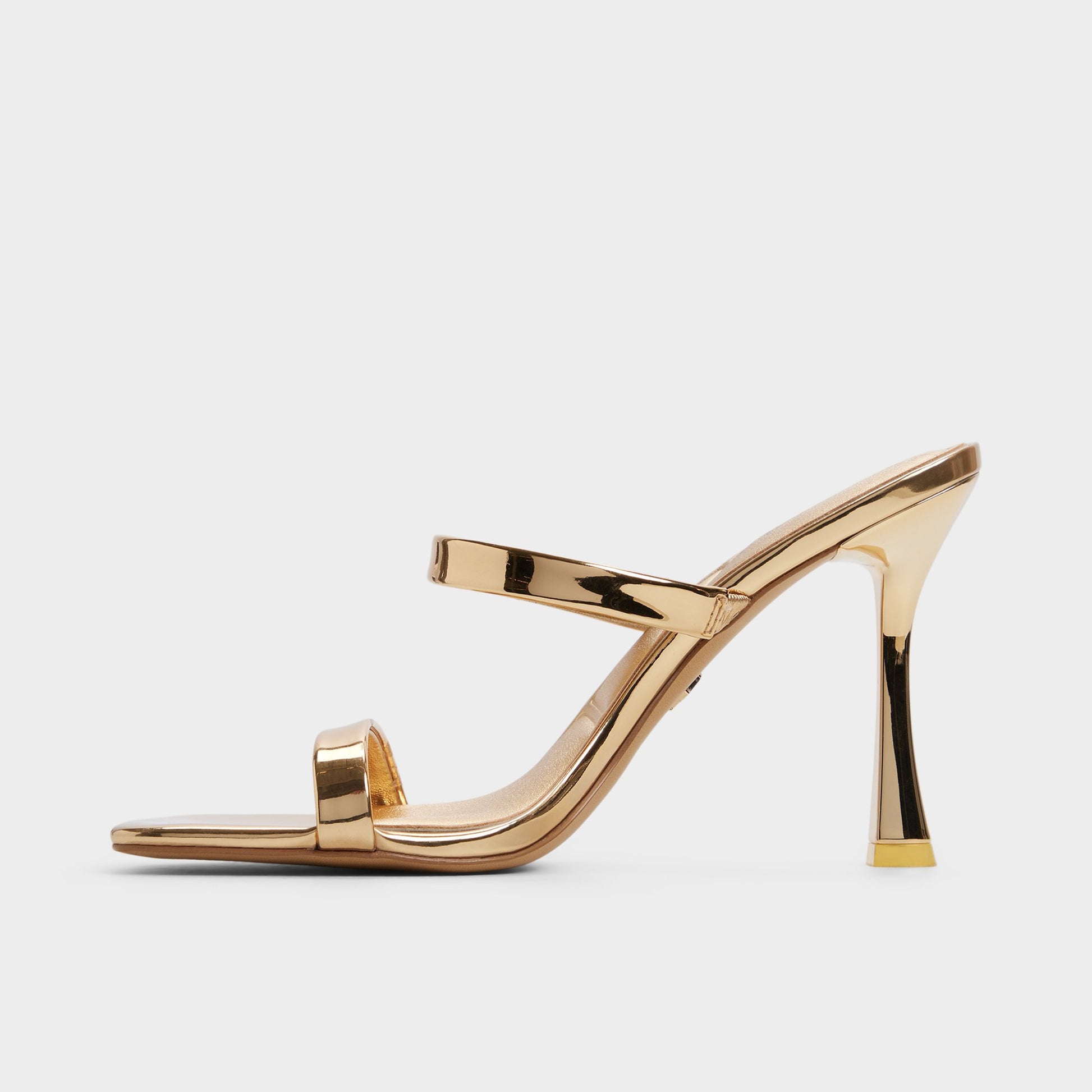 Side view of Gold Evalyn Strappy heeled sandal
