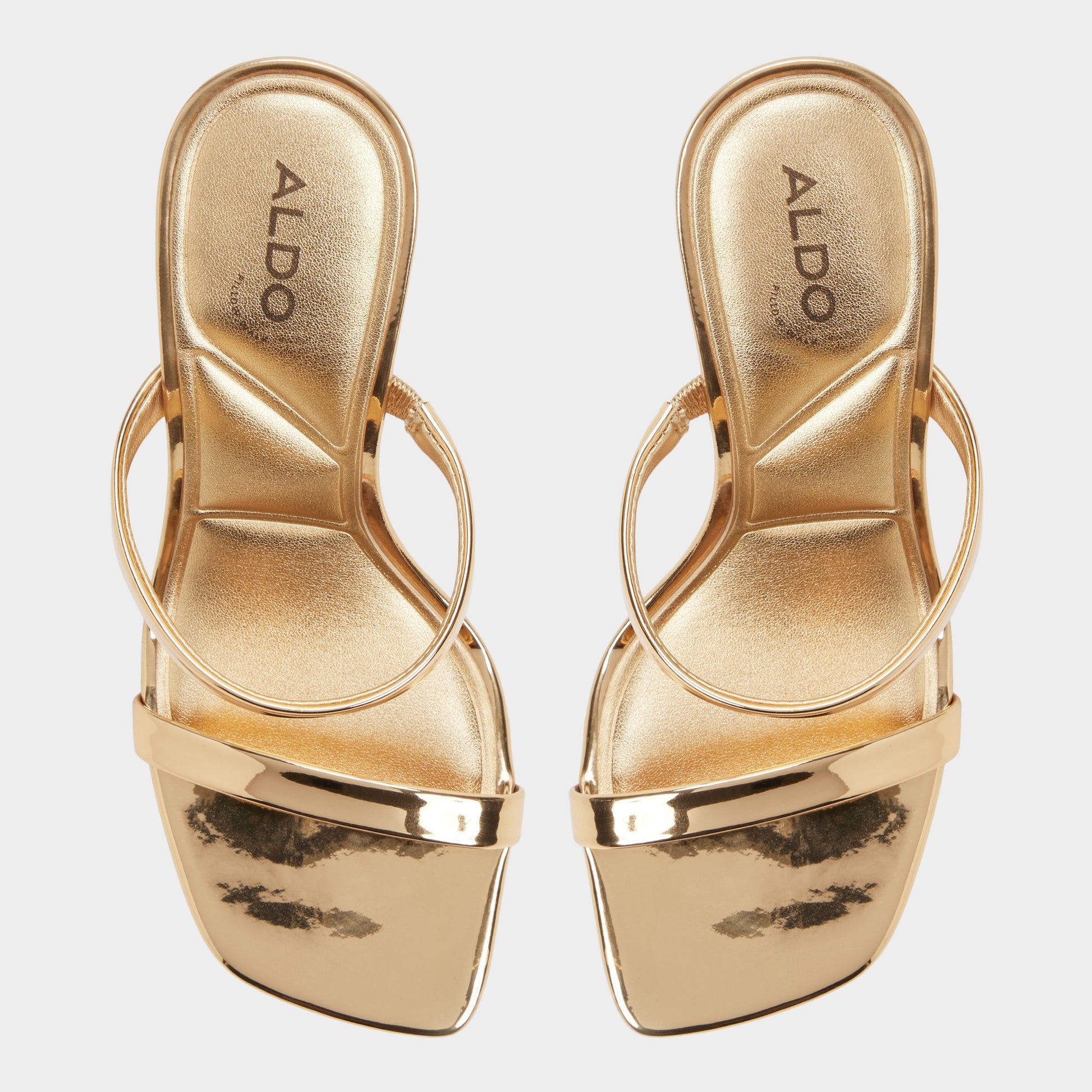 Top-down view of the Gold Evalyn Strappy heeled sandal