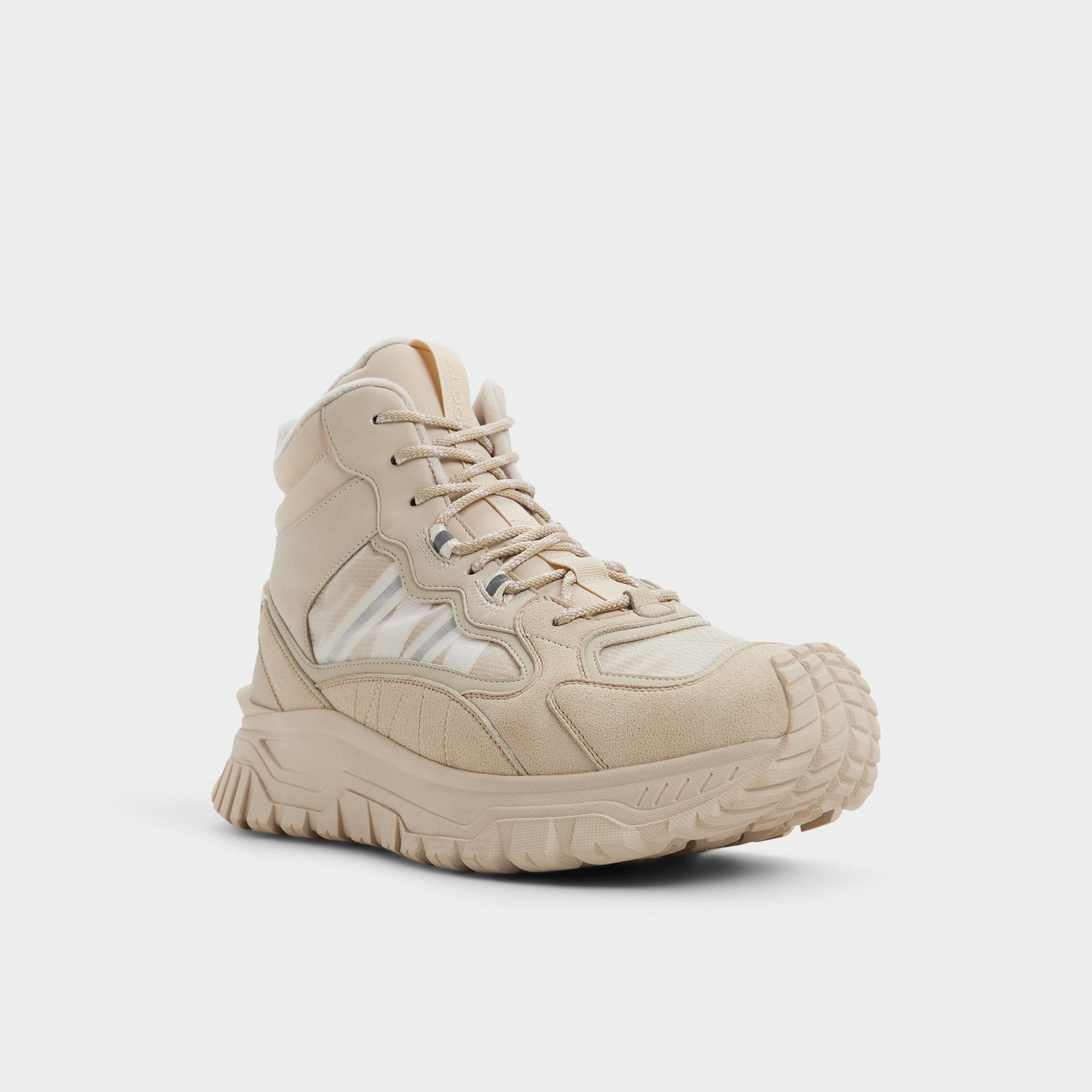 Three-quarter angle of Medium beige Lynx Lace-up boot's front side