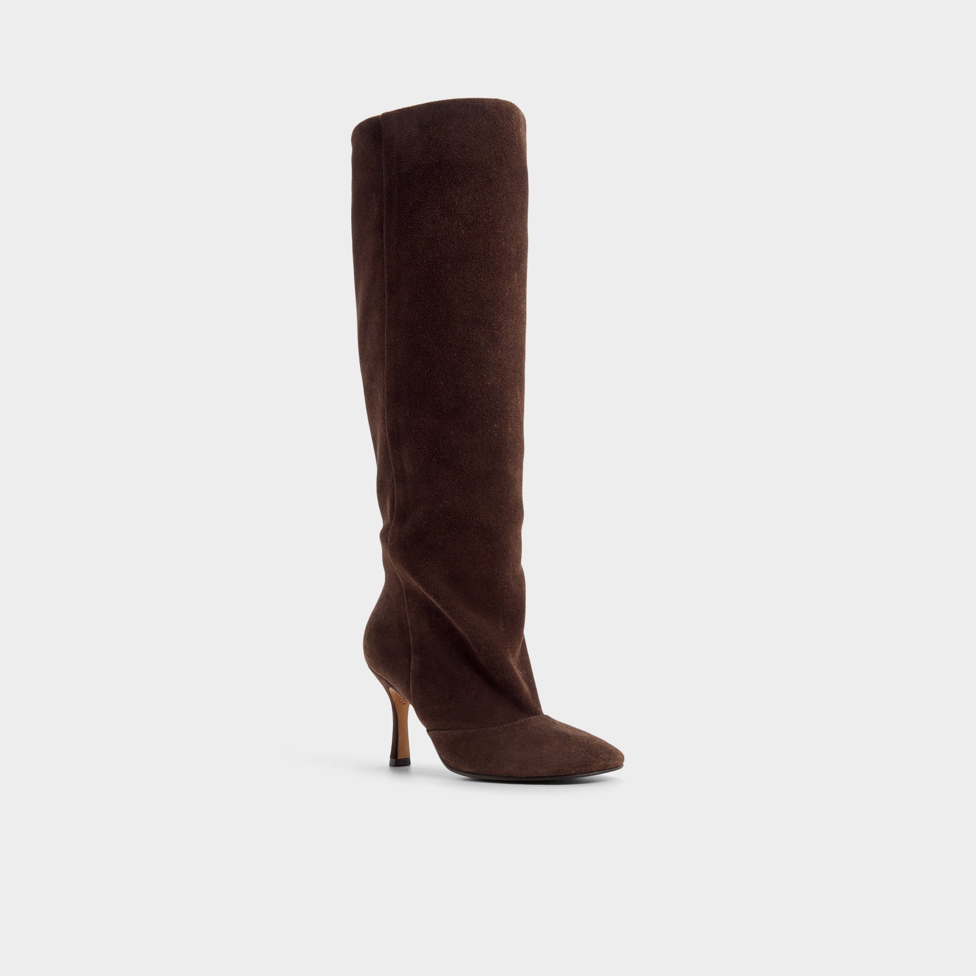 Three-quarter angle of Dark Brown Frankey Knee-high boot's front side
