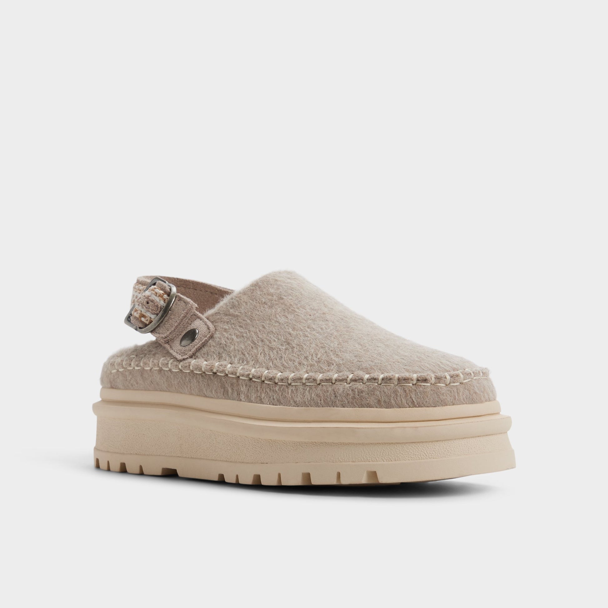 Three-quarter angle of Taupe Mirellie Clog's front side