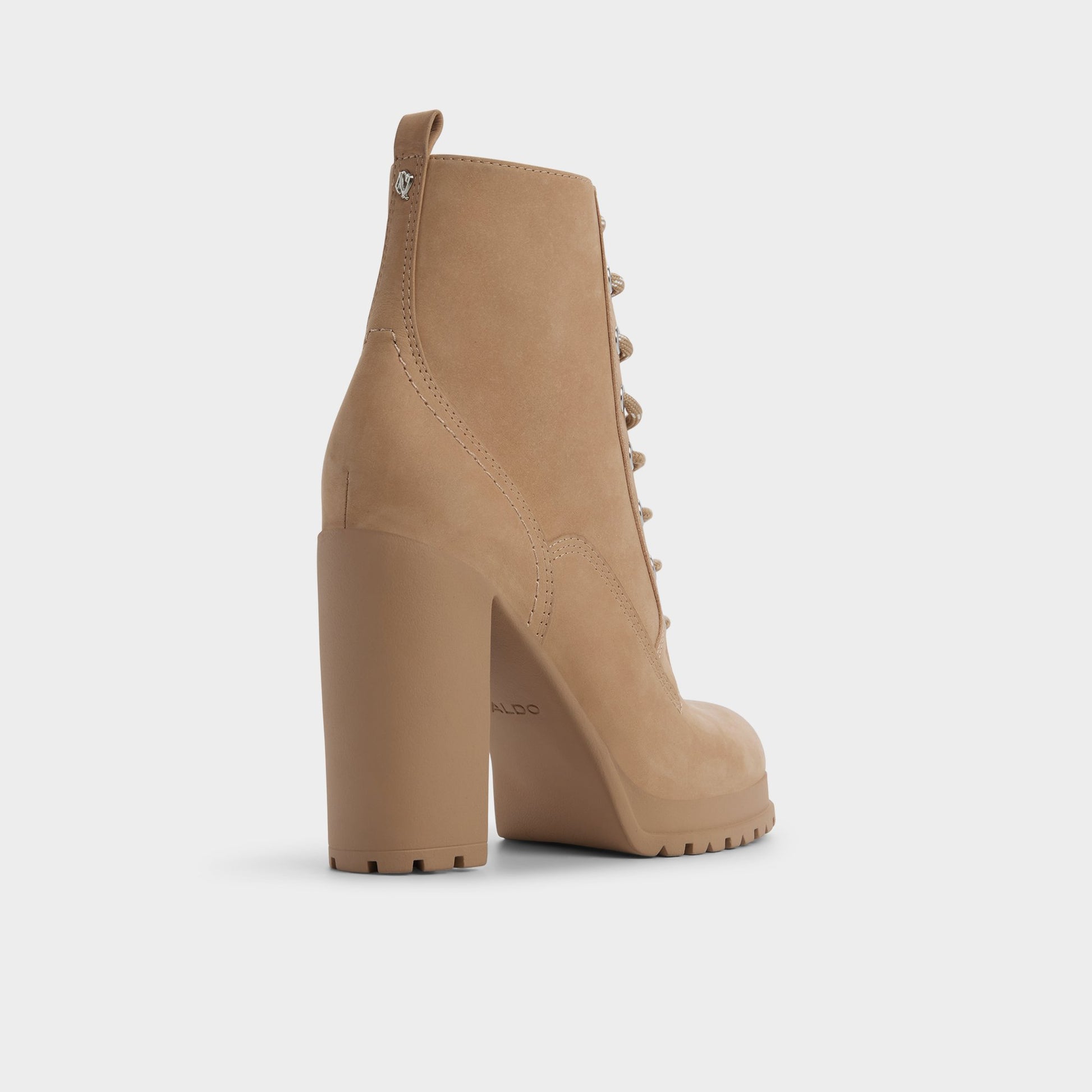 Three-quarter angle of Medium Beige Rebelliously Combat ankle boot's back side