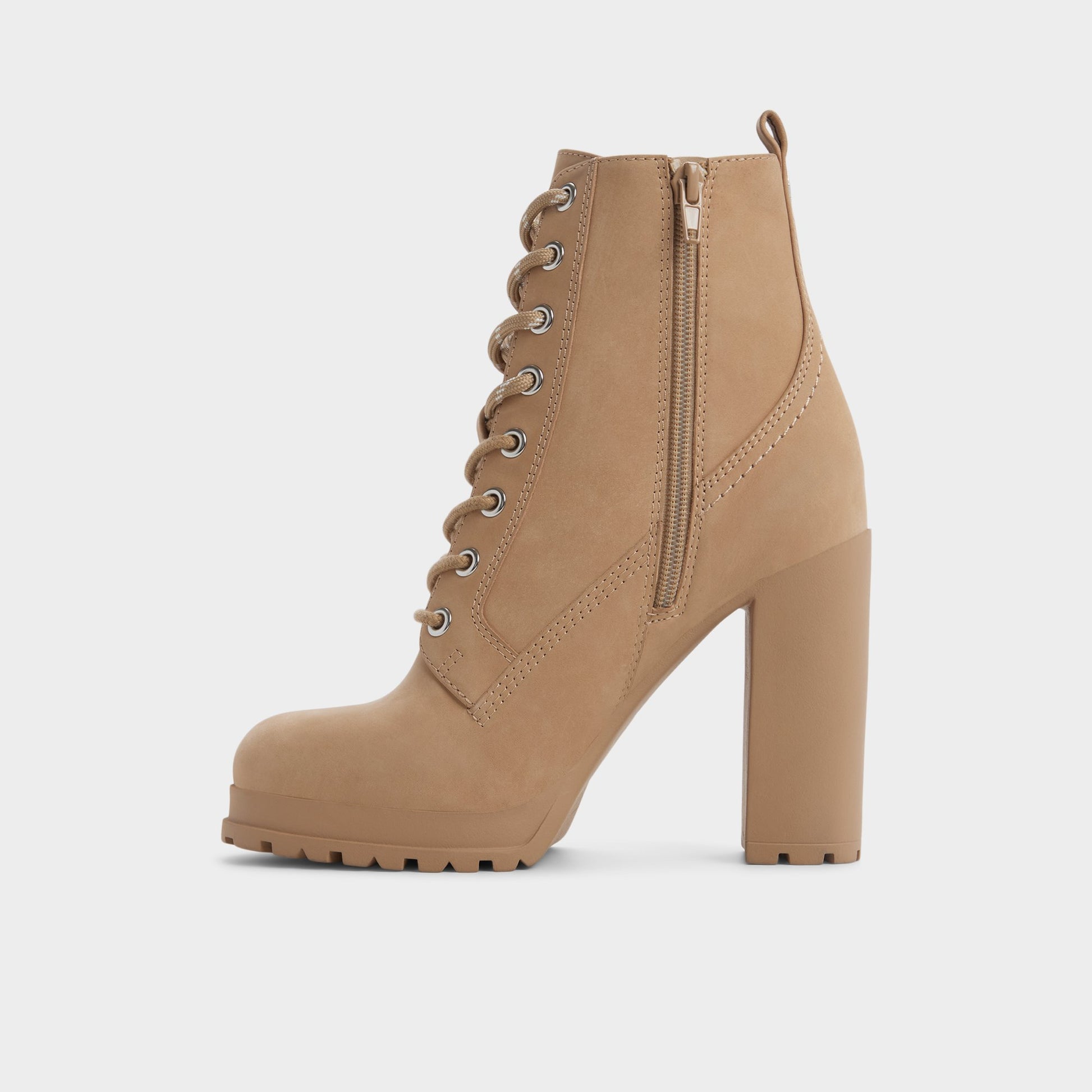 Side view of Medium Beige Rebelliously Combat ankle boot