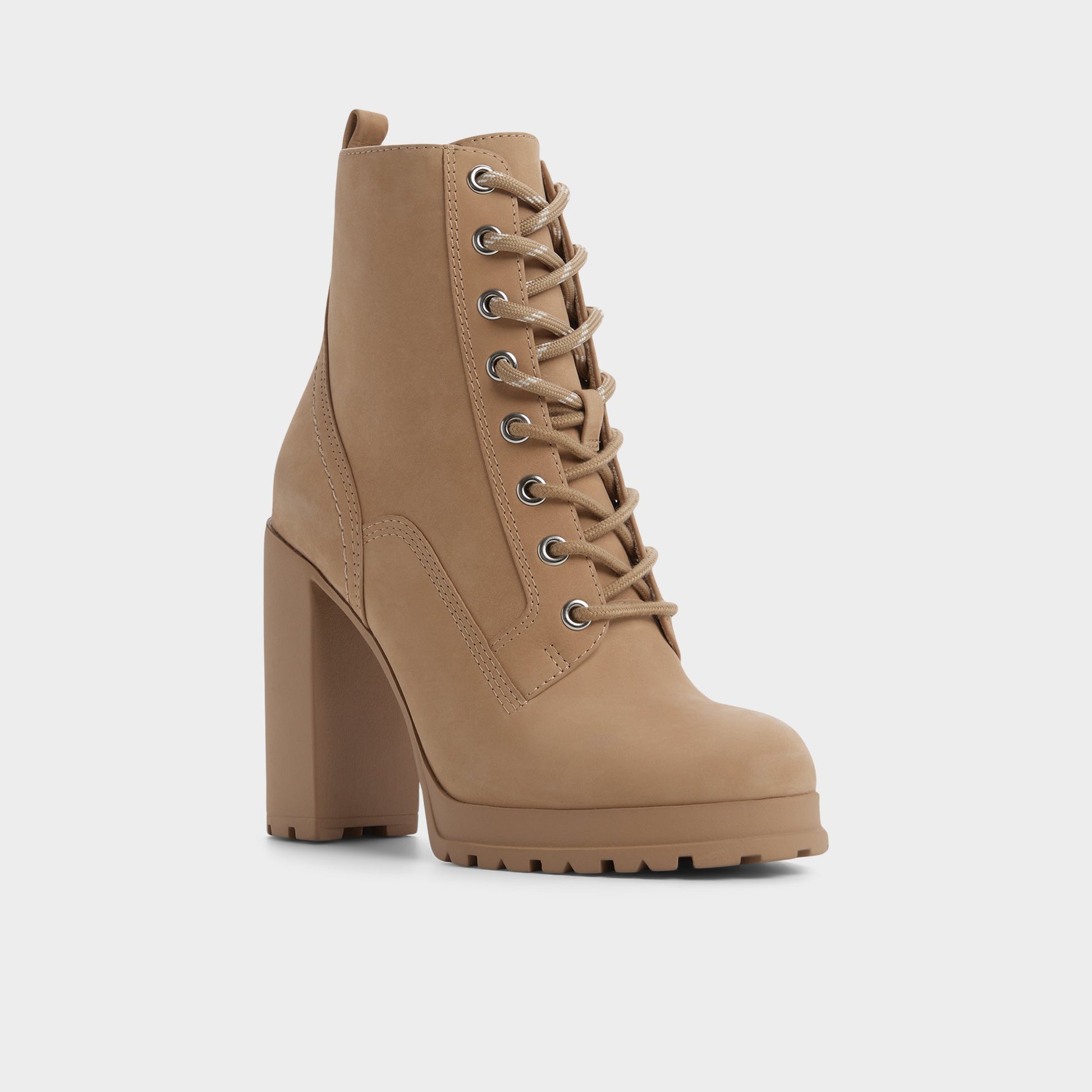 Three-quarter angle of Medium Beige Rebelliously Combat ankle boot's front side