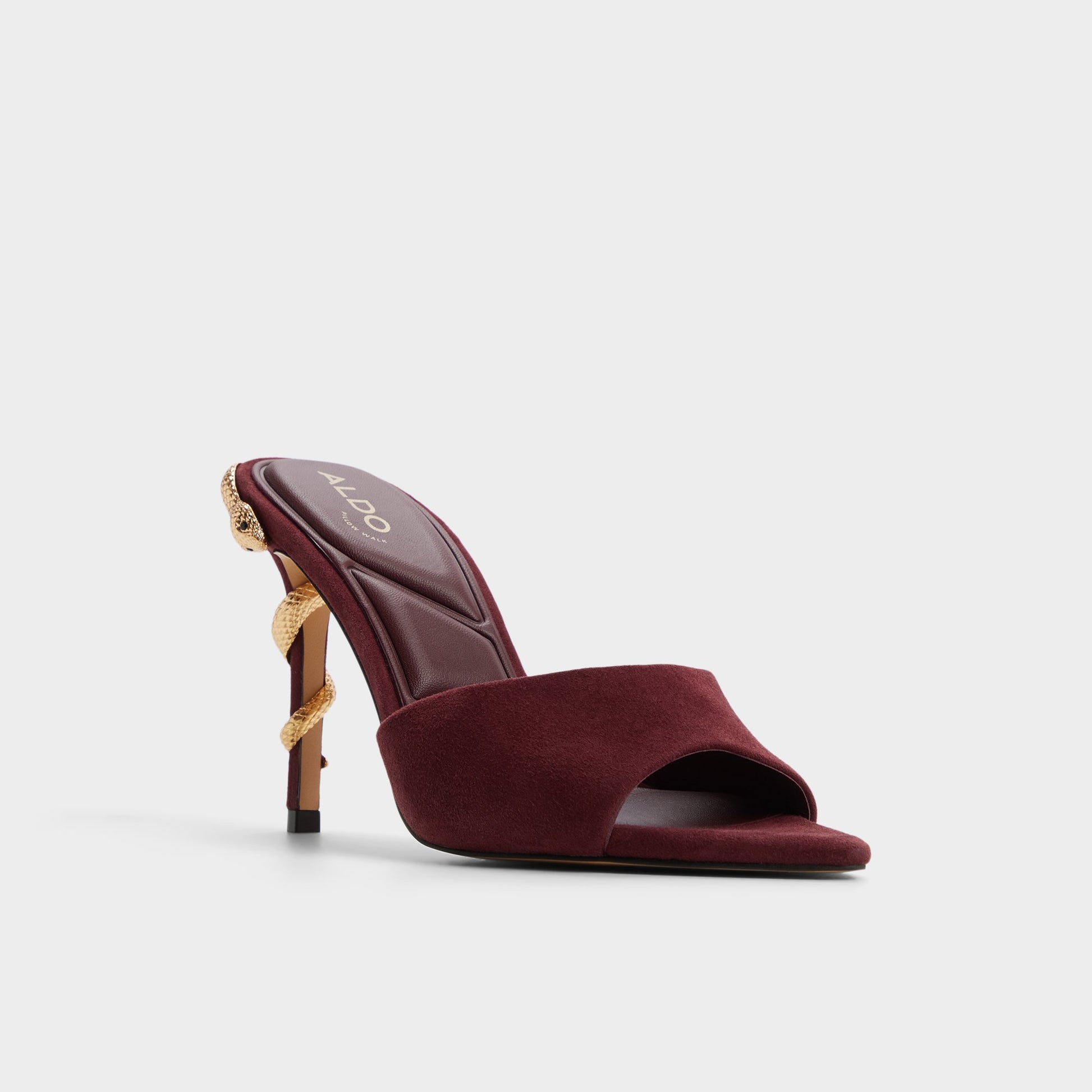 Three-quarter angle of Bordo Seashella Heeled mule's front side