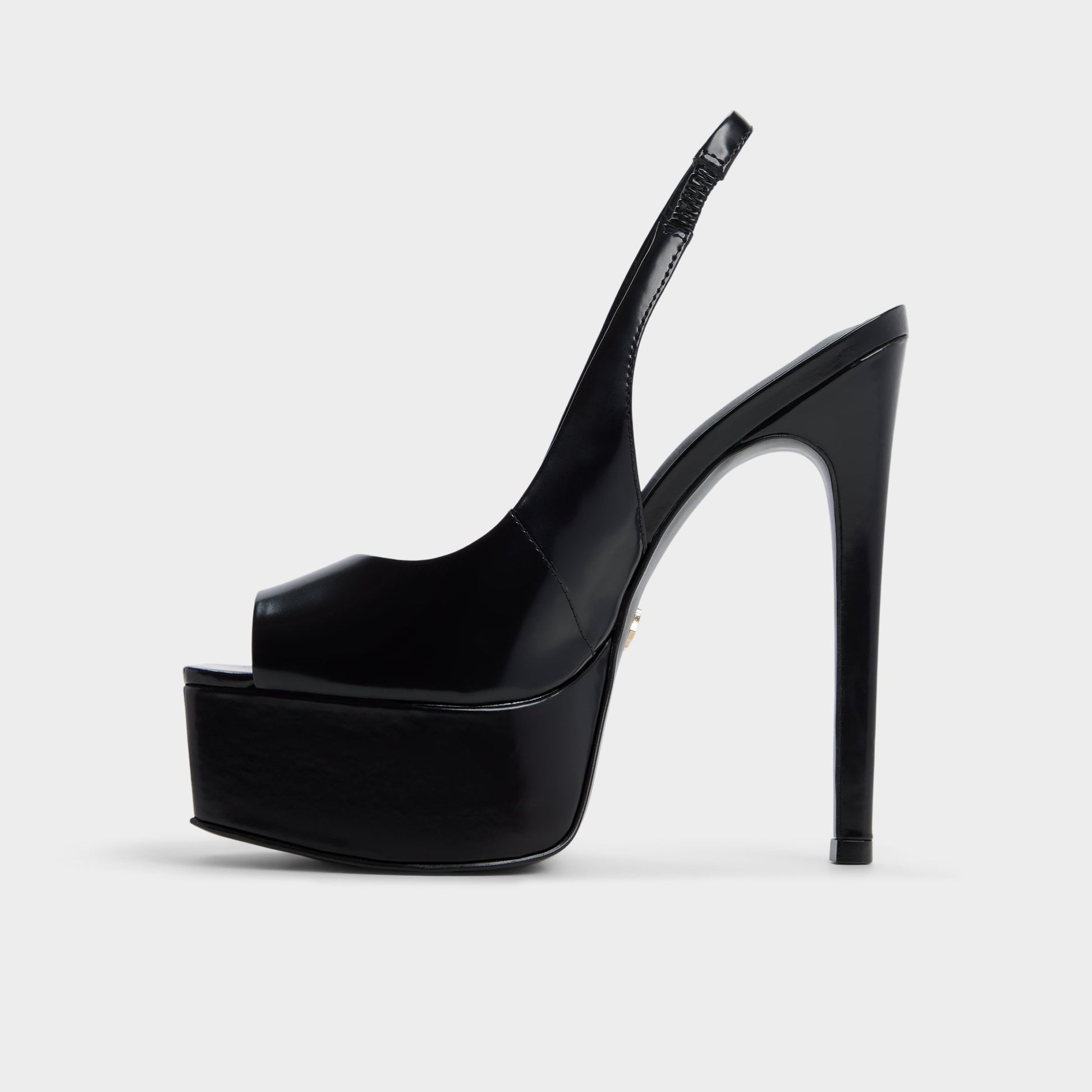 Side view of Black Thanlinie Slingback heeled sandal