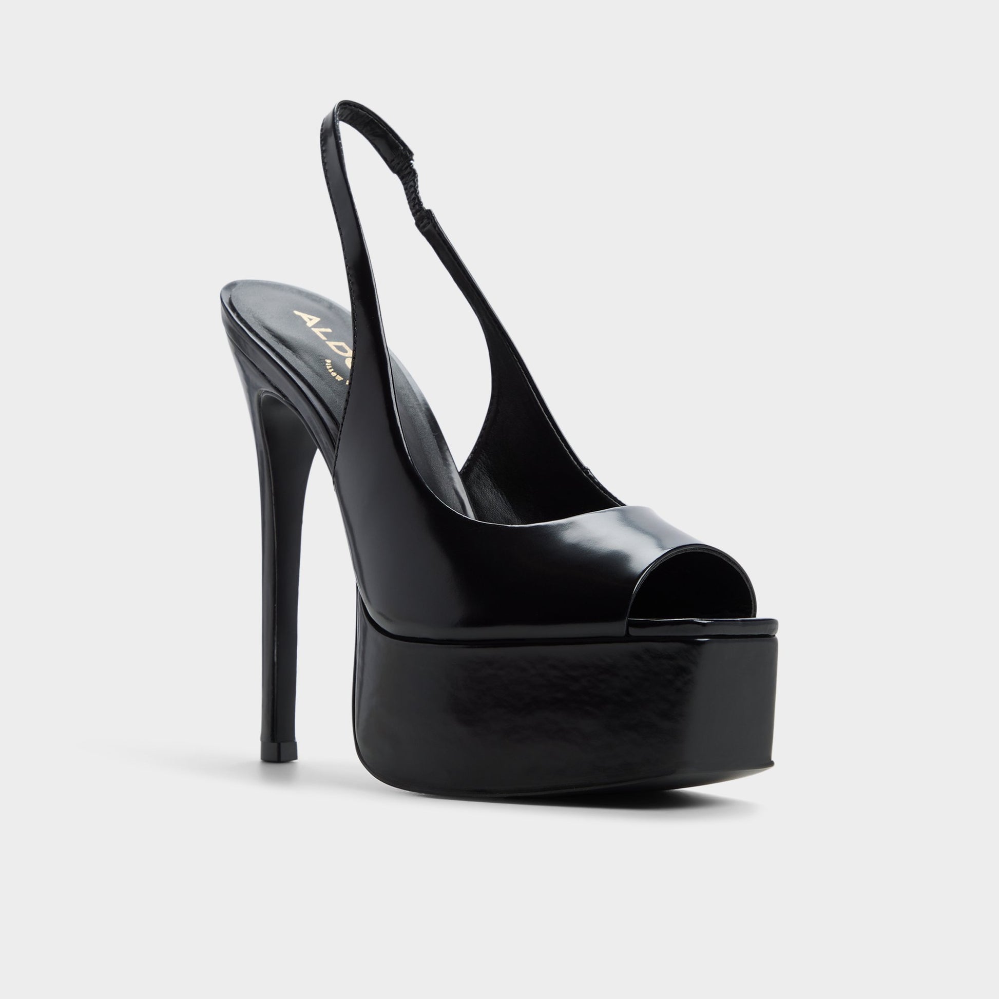 Three-quarter angle of Black Thanlinie Slingback heeled sandal's front side
