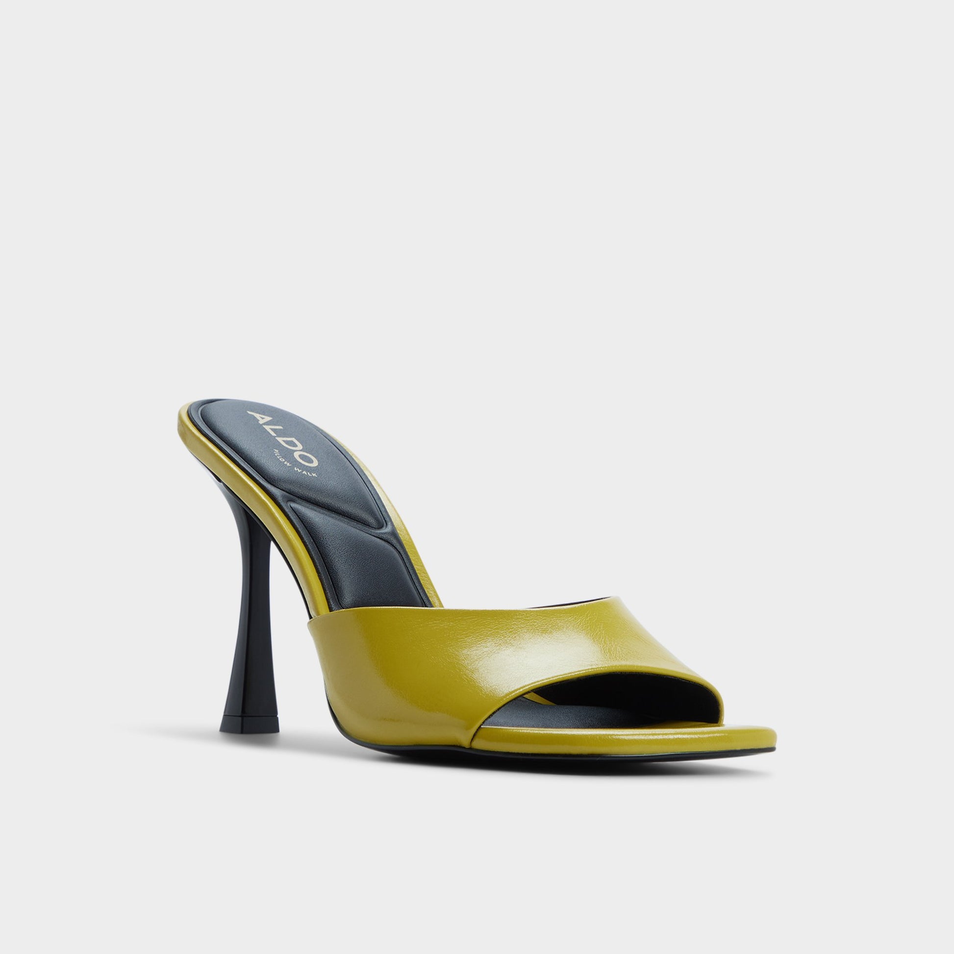 Three-quarter angle of Lime Green Evadalia Heeled mule's front side