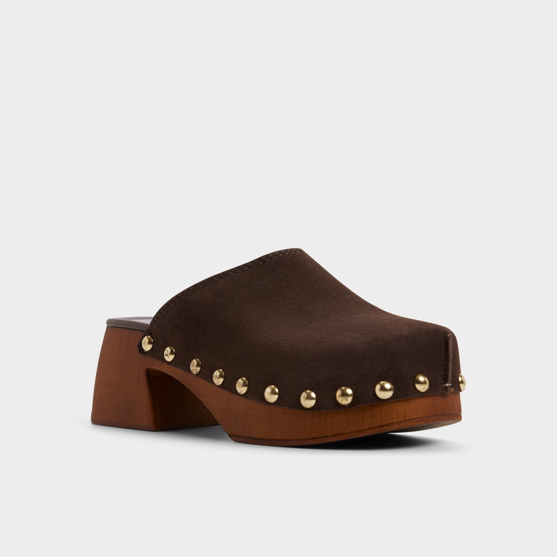 Three-quarter angle of Dark Brown Tayloria Clog's front side