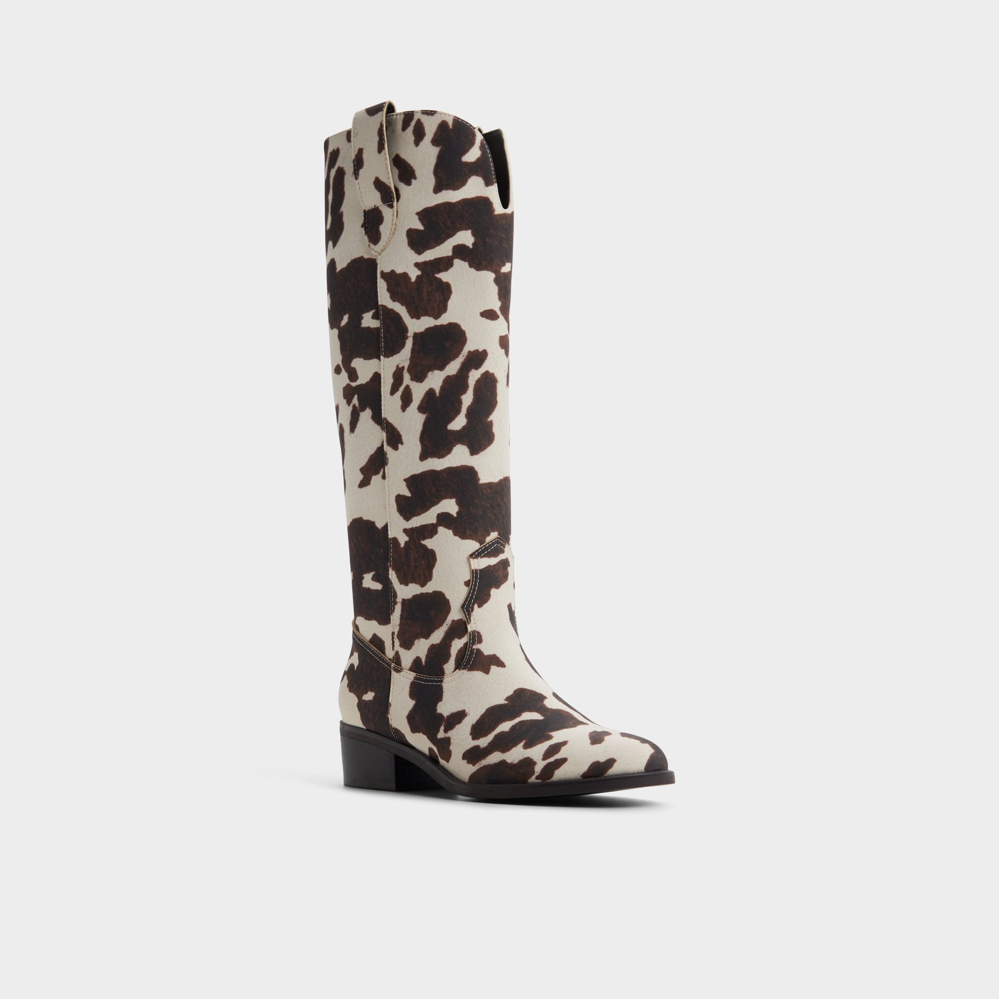 Three-quarter angle of Open Brown Kaydia Western knee-high boot's front side