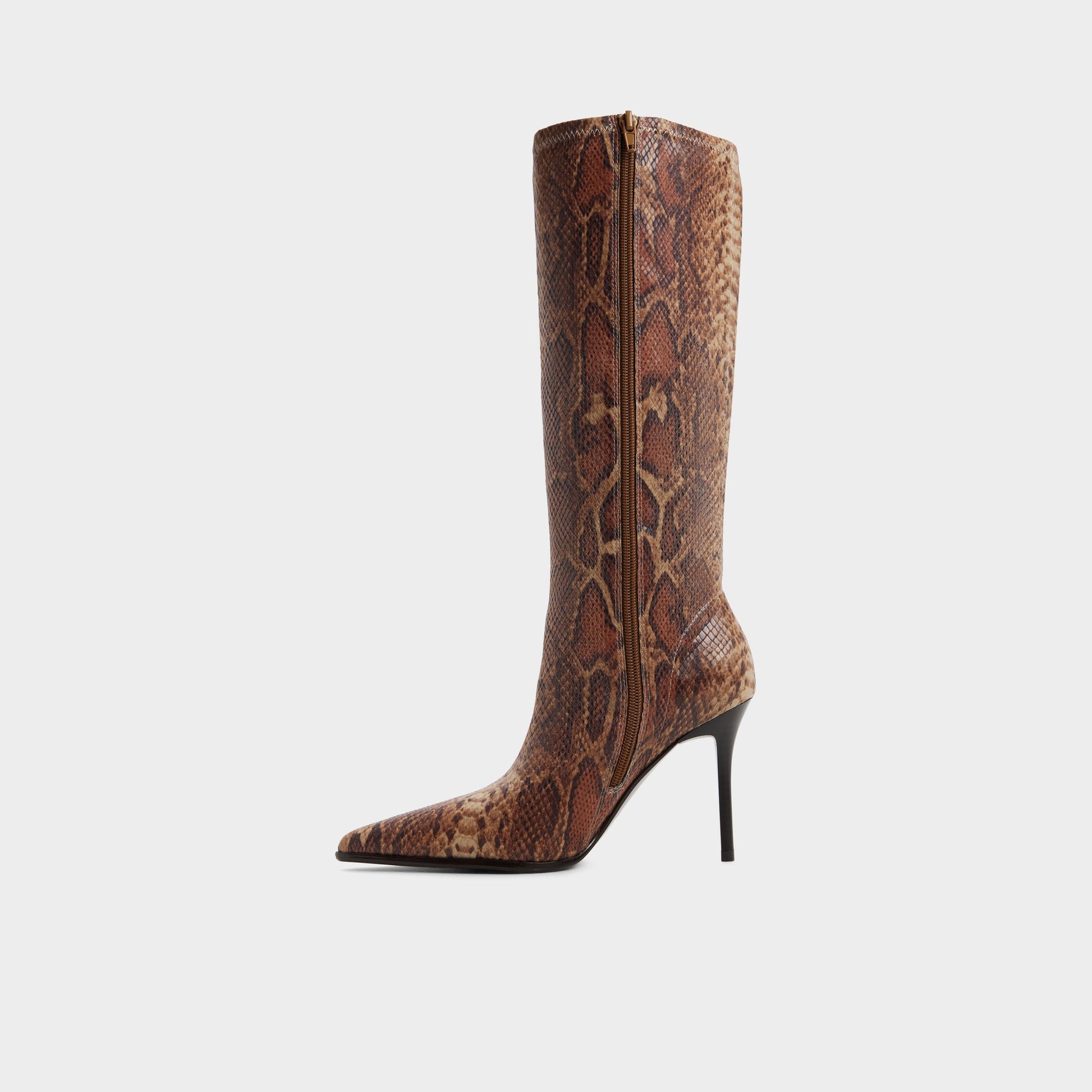 Side view of Brown multi Re-emily Knee-high boot