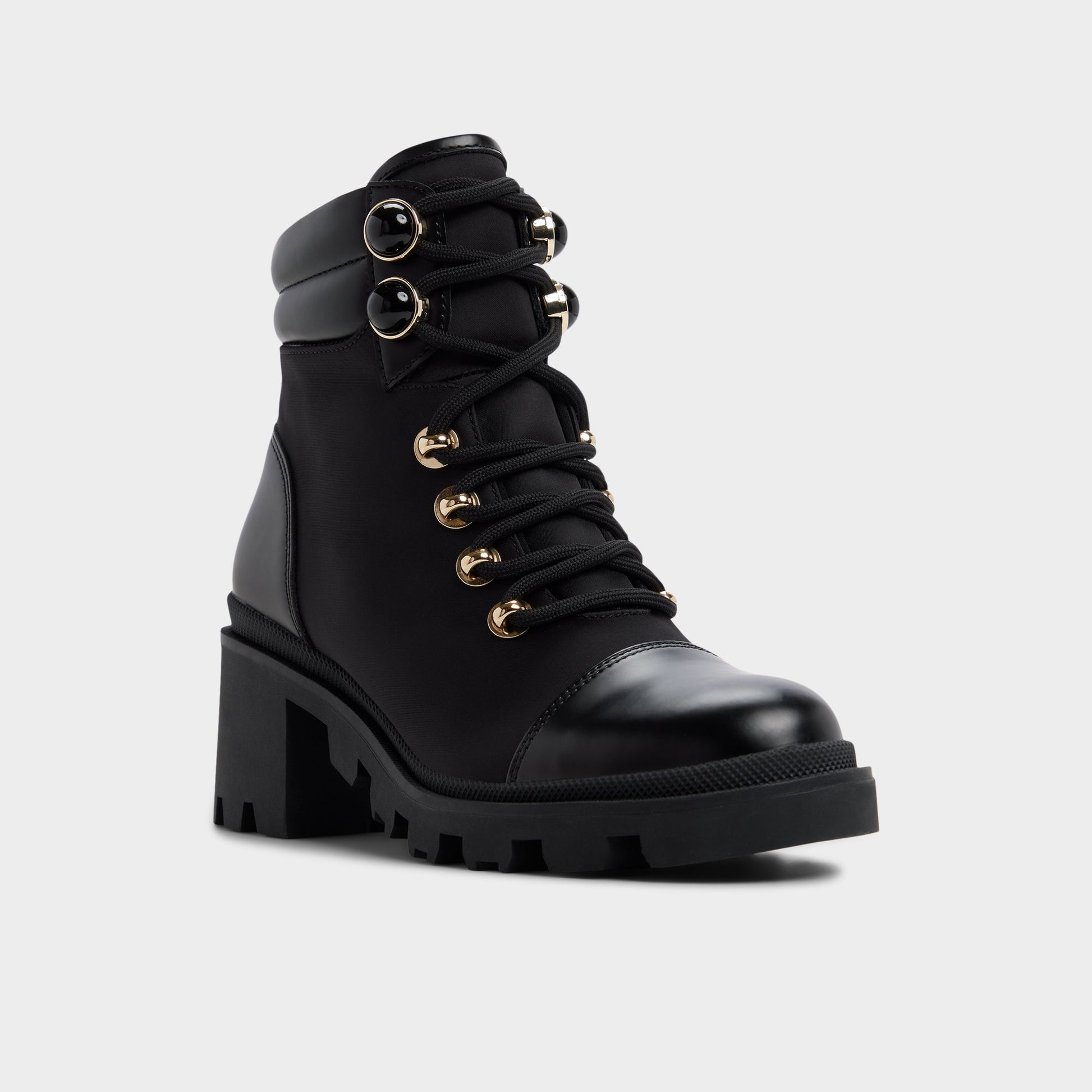 Three-quarter angle of Black Mariettia Lace-up boot's front side