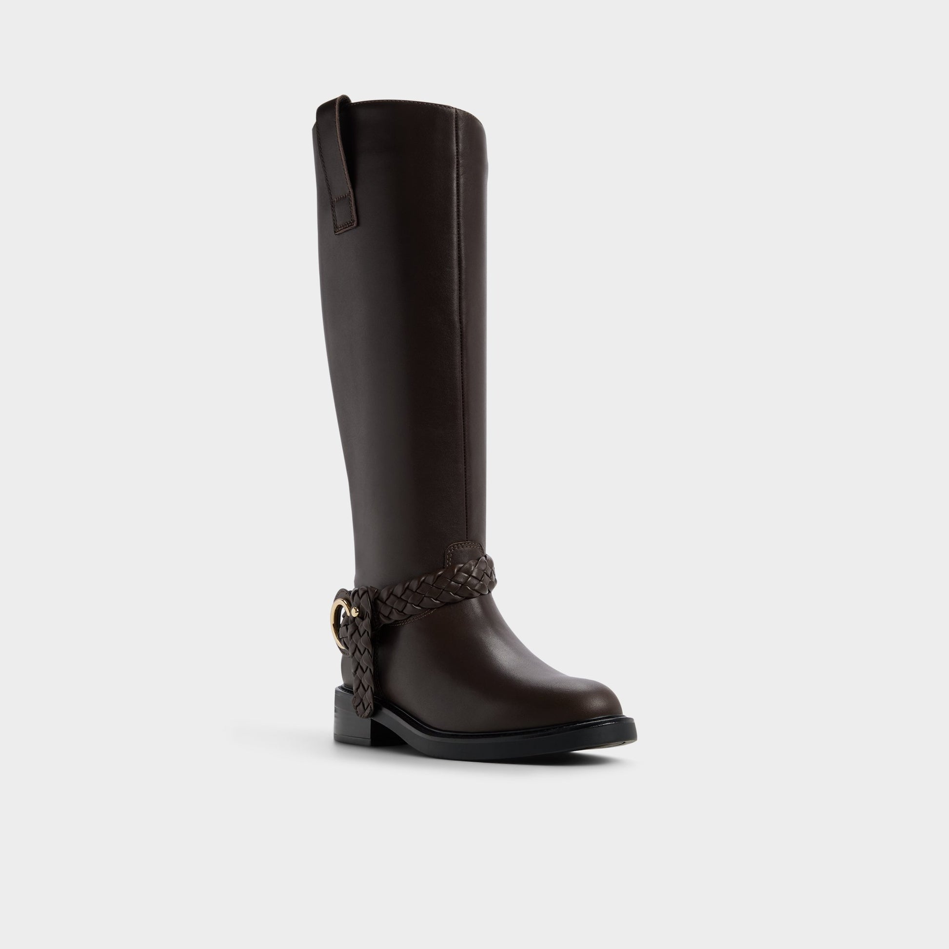 Three-quarter angle of Dark brown Philippa Riding boot's front side